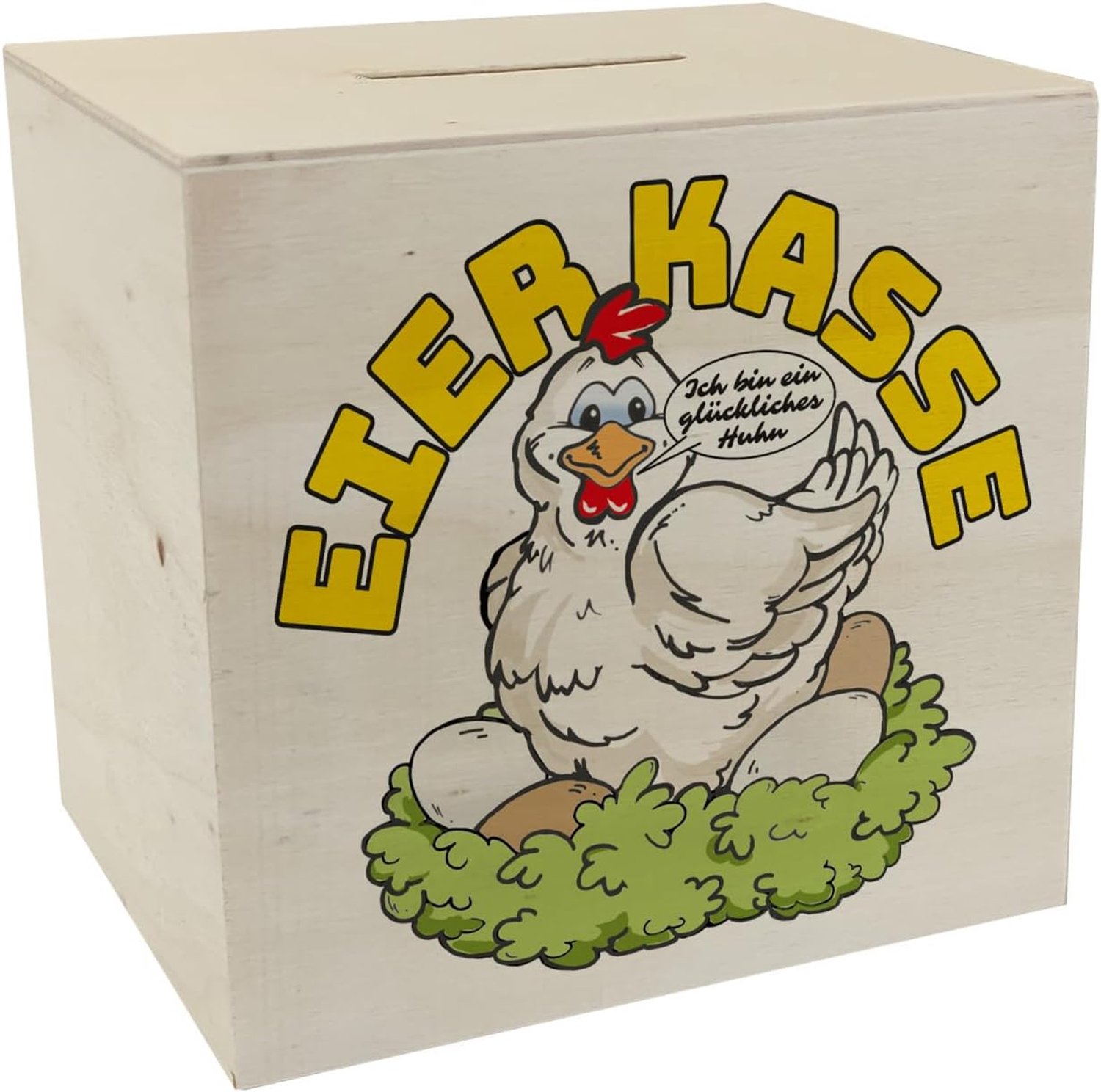 Spaarpot van hout - ik ben een gelukkige kip eierkassa grappige spaarpot voor paasgeschenk of verjaardagsverrassing