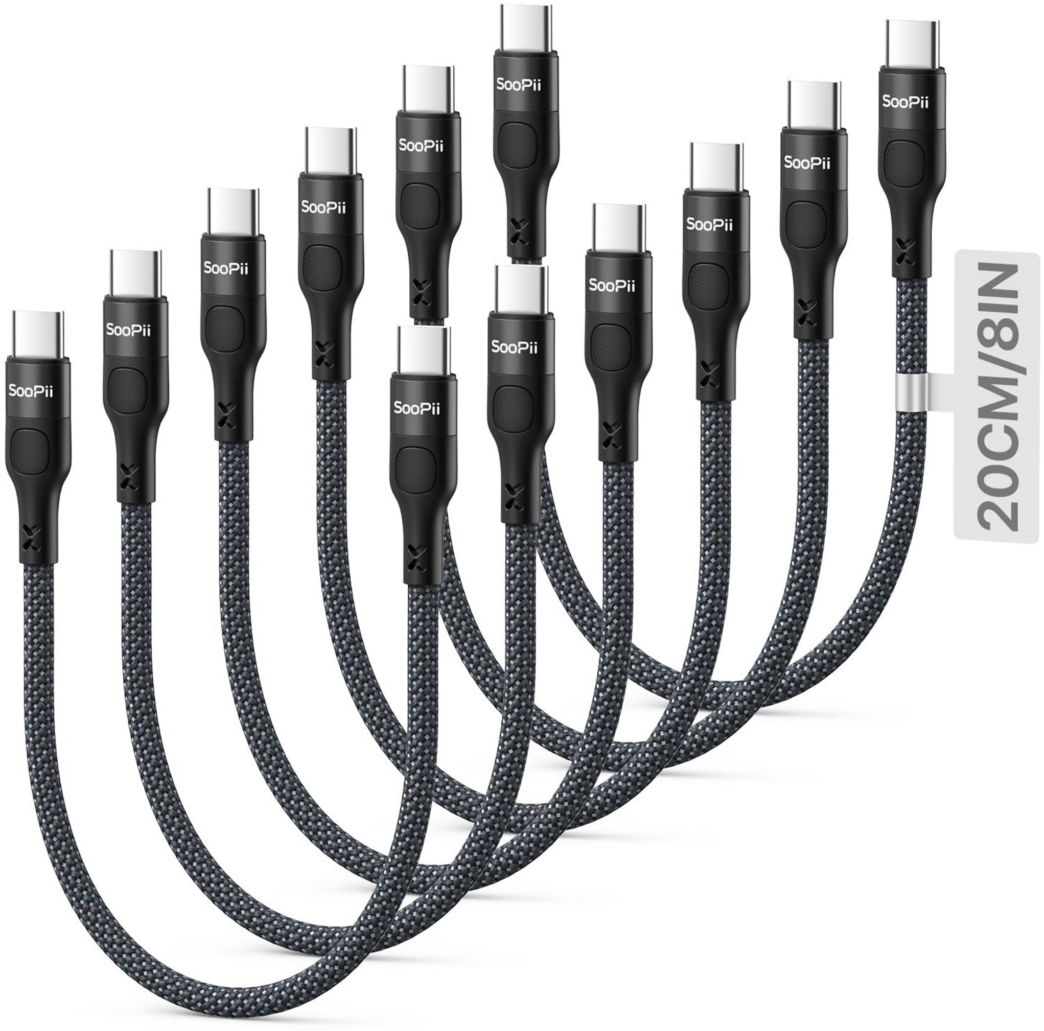 6 Pack Korte USB C naar USB C Kabels, 20cm 100W Snelladen, Nylon Gevlochten Kabel voor iPhone, Galaxy, iPad en MacBook