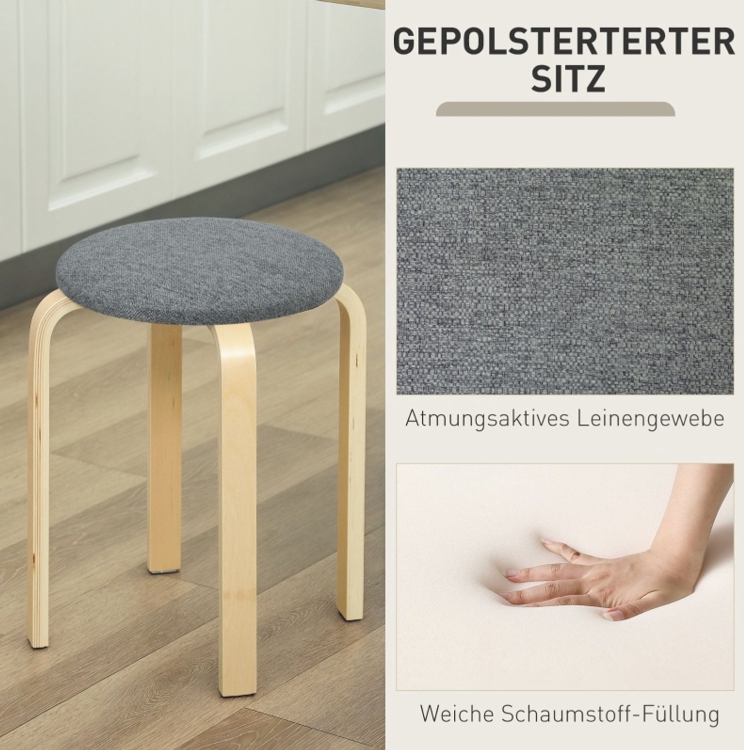 DESMIU Eetkamerkruk 40 x 40 x 45 Cm - Set Van 4 Stapelbare Ronde Krukken Met Gestoffeerde Zitting - Keuken En Eetkamer - Hout Grijs
