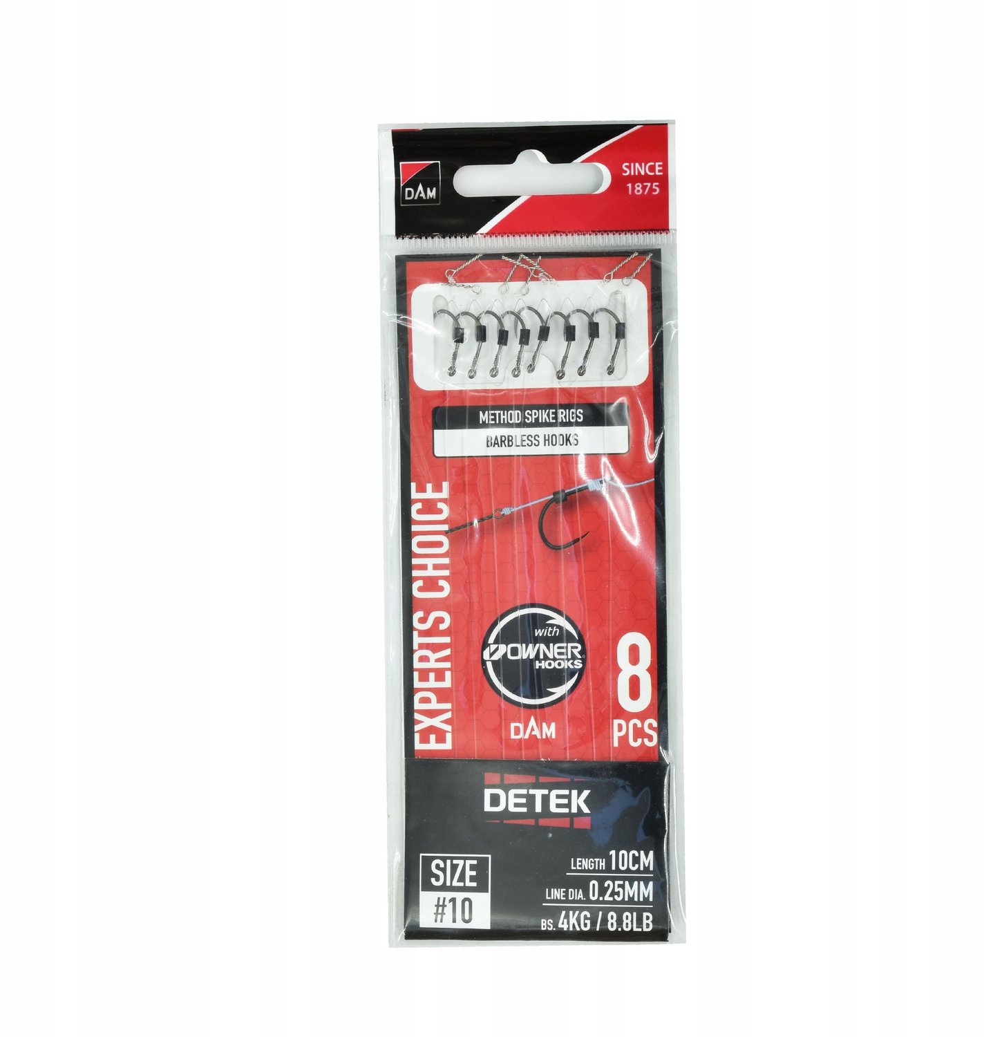Dam Detek Method Spike Rig - Barbless - Haakmaat 10 - 0.25mm - 4Kg - 8.8lb - 10cm - Onderlijn - Transparant