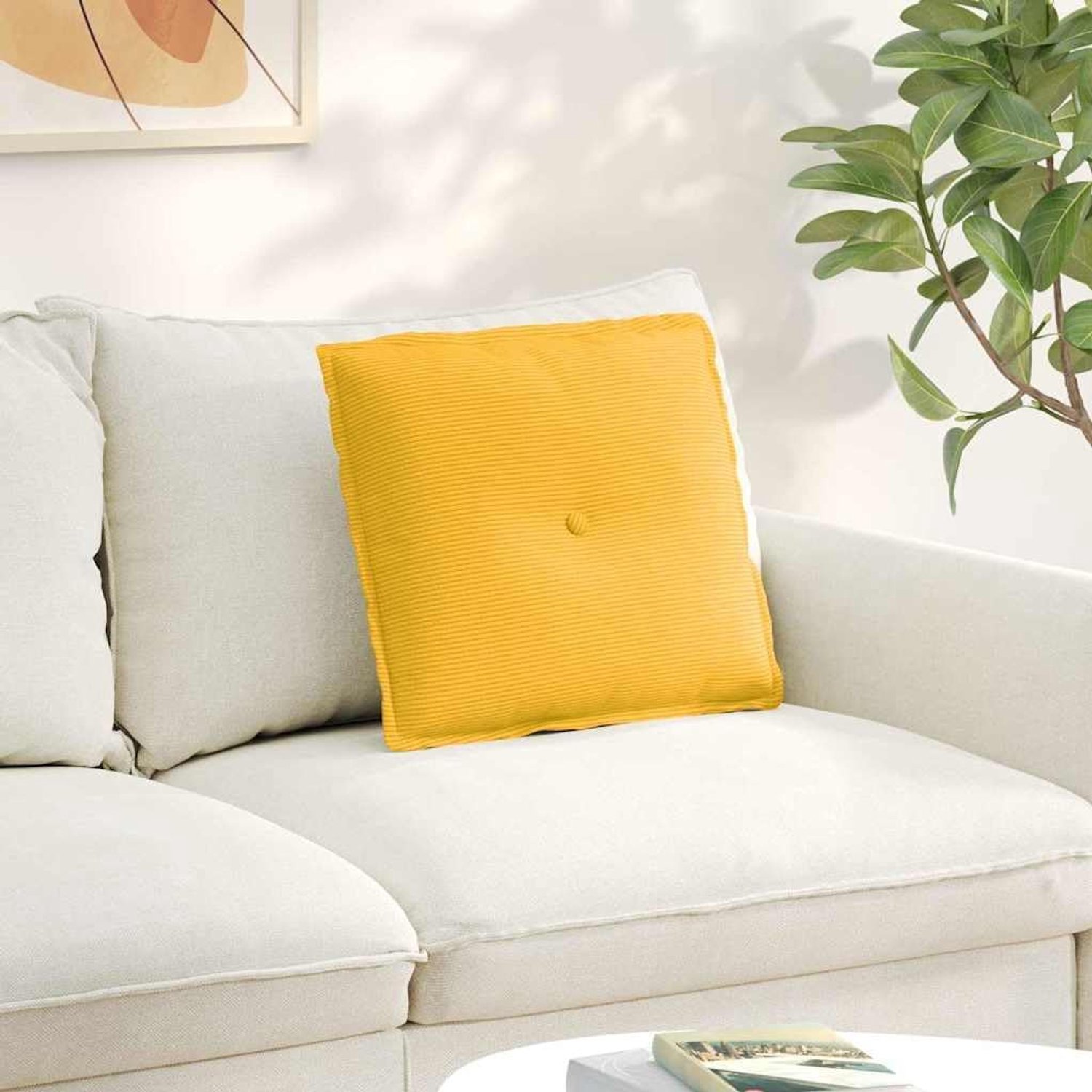 Rugkussen, lichtgeel, 50 x 45 cm, corduroy met afneembare overtrek en ritssluiting, rechthoekig rugkussen van fluweelachtig polyester, voor bank en bed, modern woonaccessoire