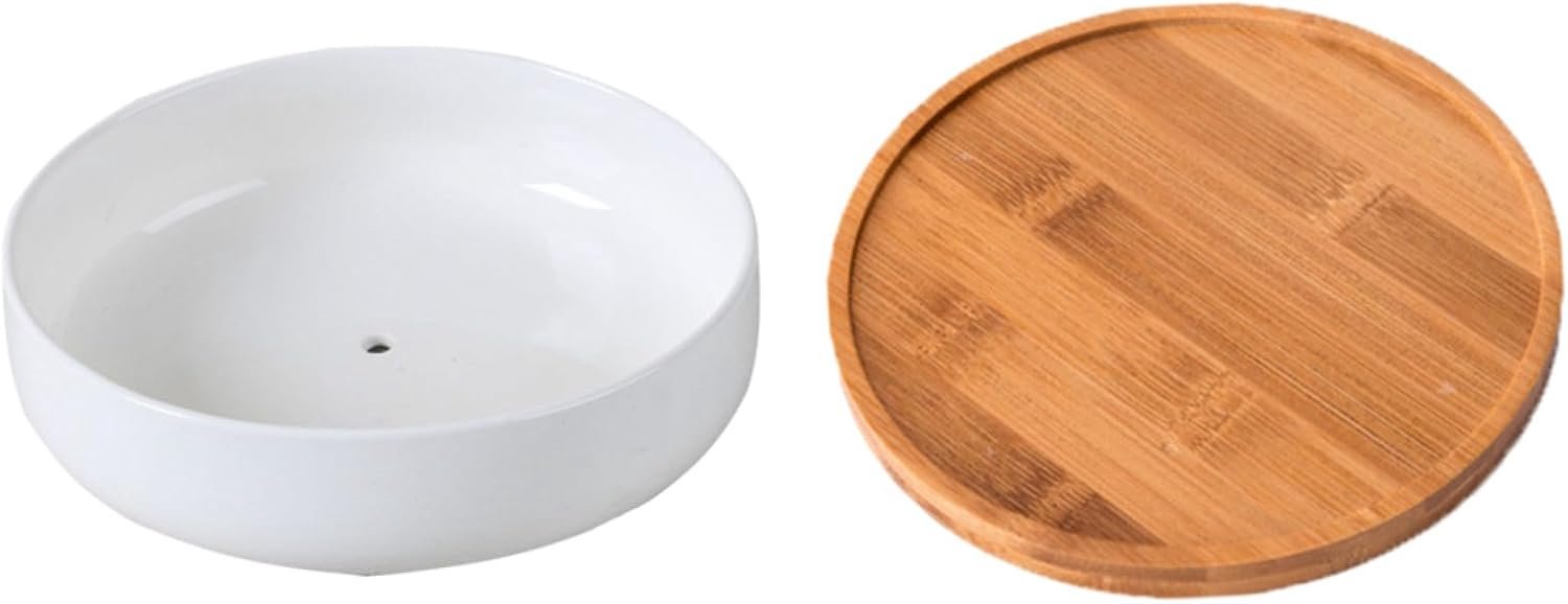 Witte Keramische Plantenpot met Bamboe Dienblad Ondiepe Ronde Bloempot Decoratief Praktisch voor Kamerplanten Geschikt voor Woonkamer Tuin Kantoor