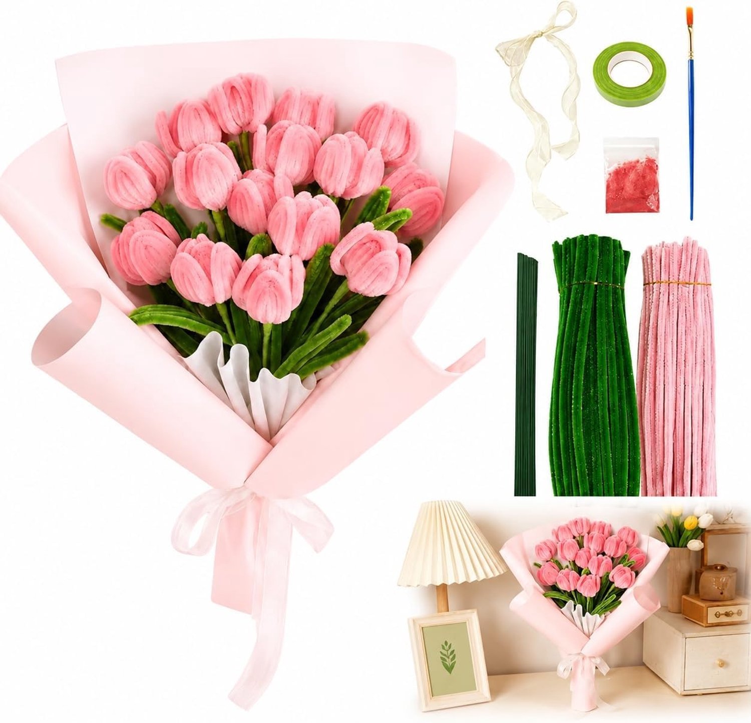 Creatieve DIY Pijpenragers Knutselset met 200 Stuks, 5 Kleuren, Bloemstelen en Versieringen voor Bloemboeketten en Ambachtelijke Projecten