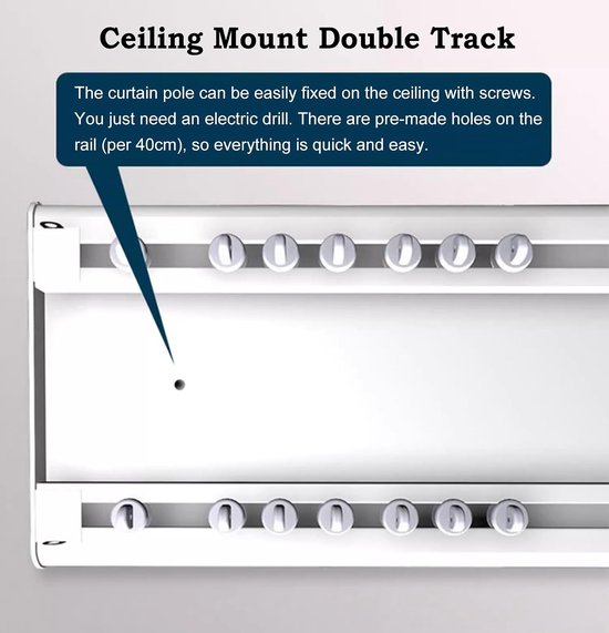 Double Track ain Rail - Plafond Mount Gordijnpaal voor Woonkamer/Slaapkamer Adjuble 7ft - 20ft Siamese Track Wit H 4m (13ft) Grootte — afbeelding 3