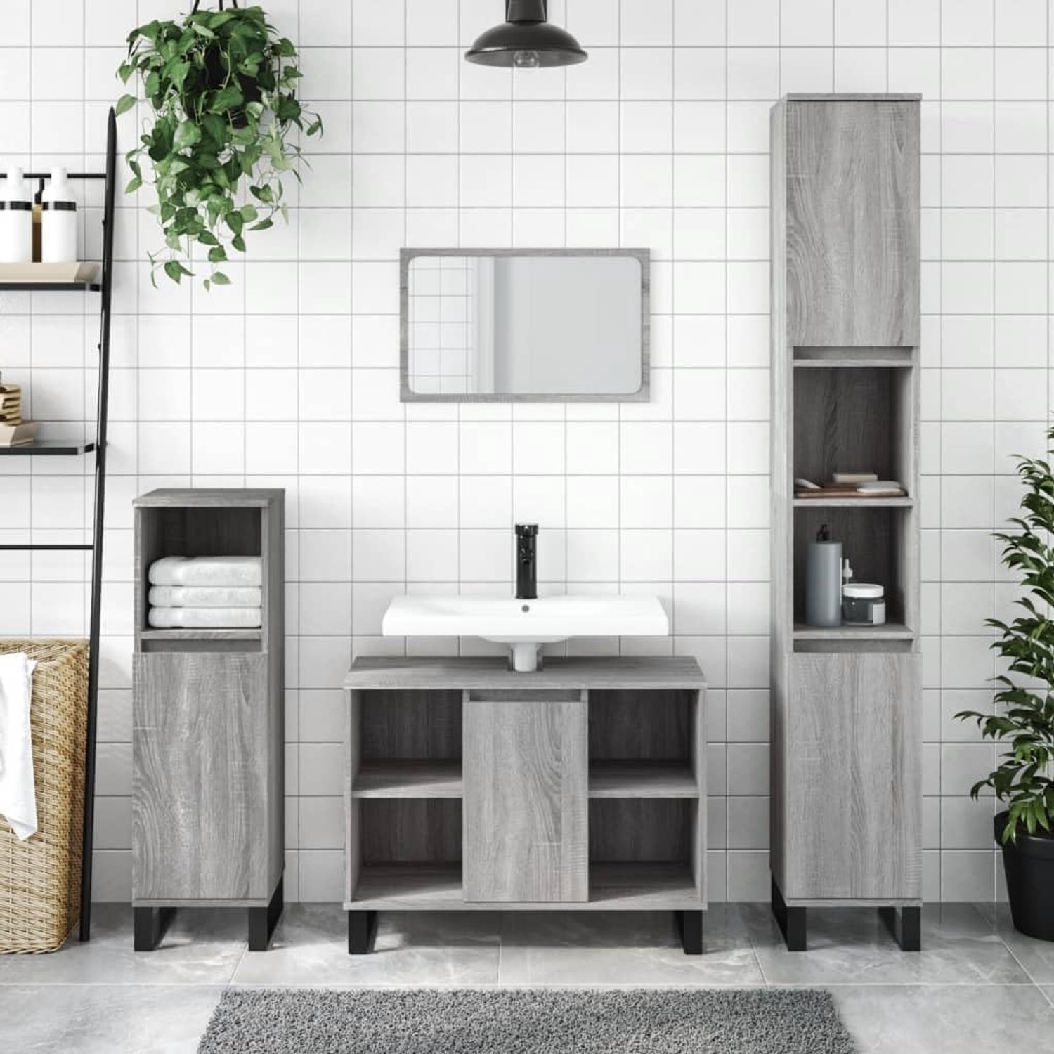 Badkamermeubel, Sonoma-grijs, 80 x 33 x 60 cm, van meerlaags hout, badkamermeubel, ruimtebesparend, 831642