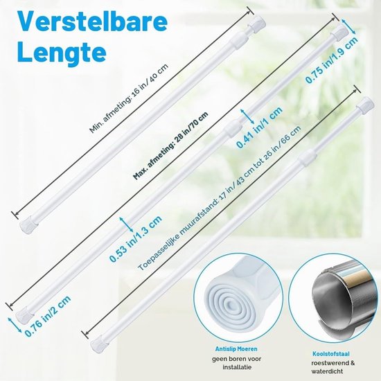 6 Stuks Telescopische Klemstangen - Uittrekbare Spanklemstangen voor Gordijnen, Boekenplanken en DIY Planken - Wit, 40-70 cm — afbeelding 5