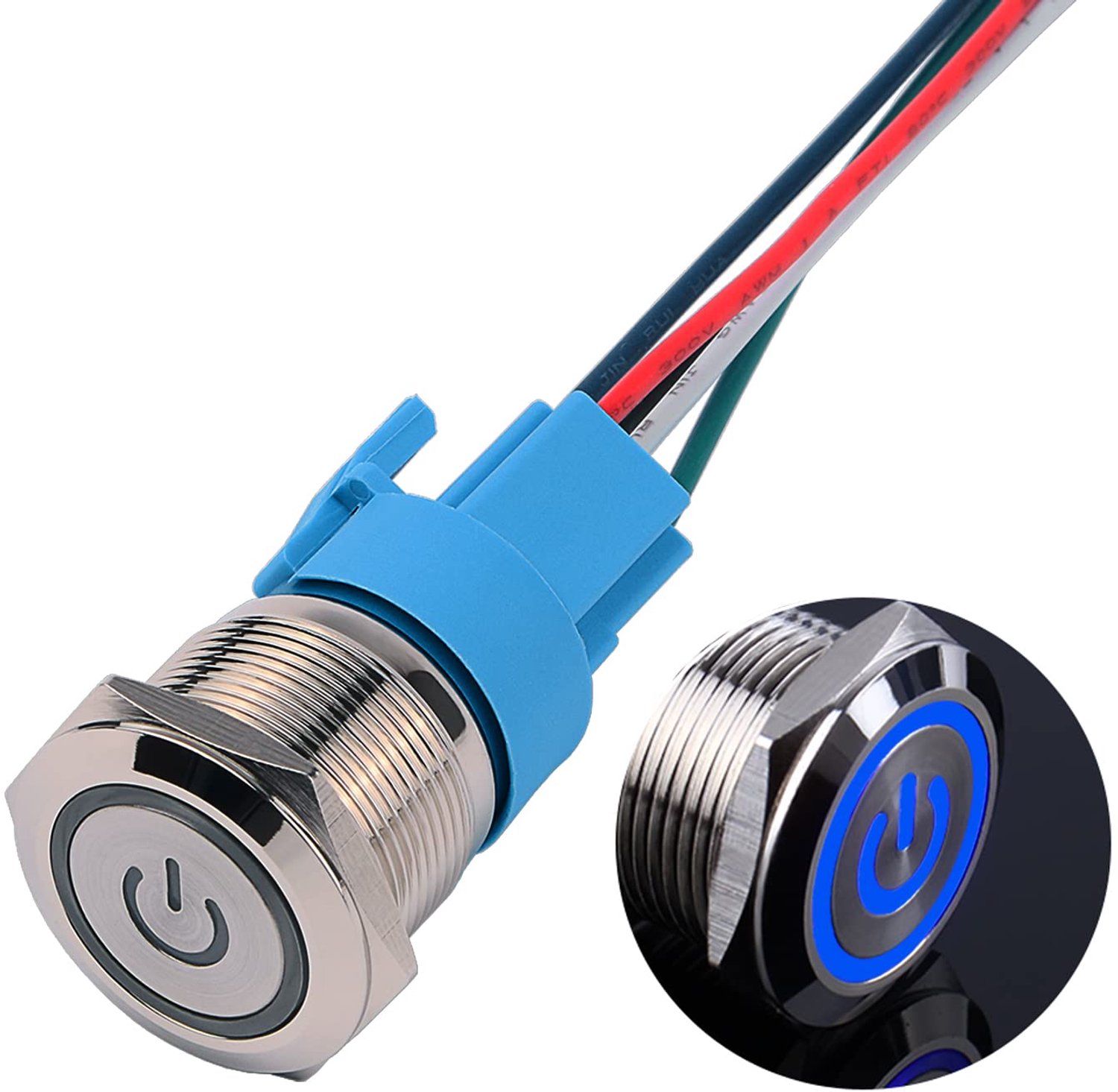 Zelfvergrendelende metalen drukschakelaar, 22 mm, 12 V tot 24 V, 5 A, vergrendelende aan/uit-schakelaar met blauw LED-symbool, IP66, 1NO1NC, rastende waterdichte voorbekabelde drukknopschakelaar