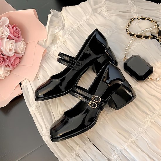 Womens lakleer Platform Mary Janes jurk pumps gotische lage dikke hak schoenen zoete lolita gesloten teen enkel verstelbare riem — afbeelding 5