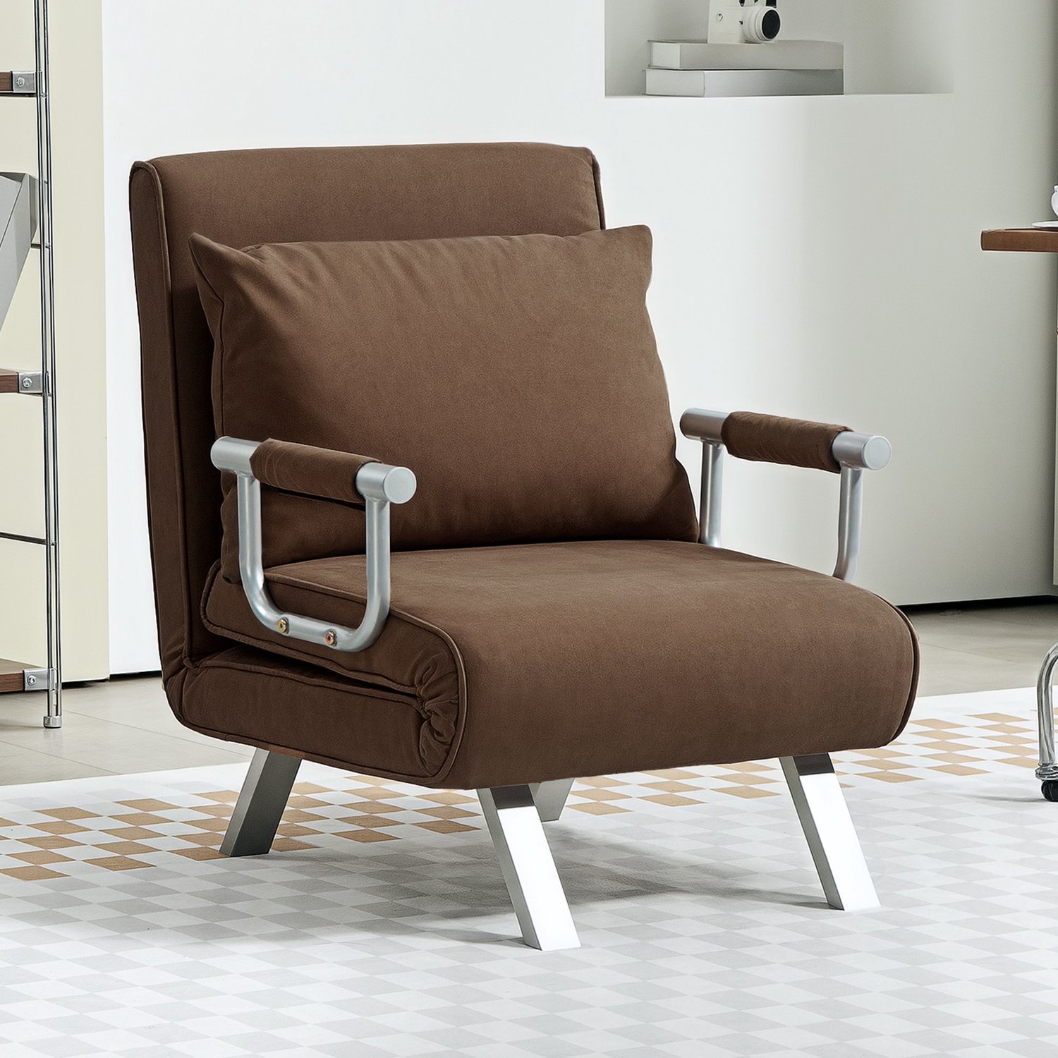 TEKROA® Moderne 2-in-1 ombouwbare stoel - slaapbank - met in 5 standen verstelbare rugleuning en kussen - 65x69x80 cm - bruin