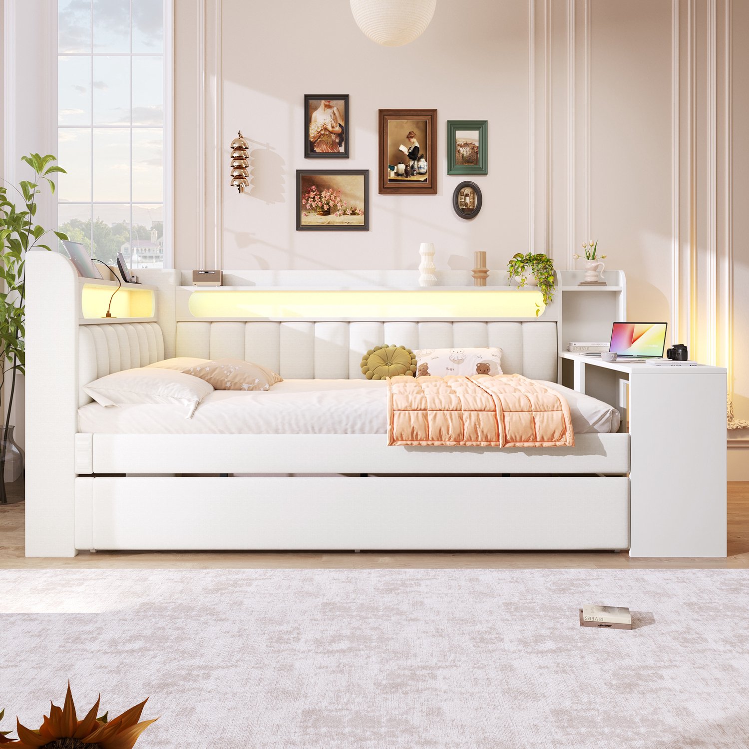 MUVANO Gestoffeerd bed 140x200 - dagbed met uitschuifbed - wit bed met ledverlichting - USB-aansluiting, bureau en planken voor slaapkamer