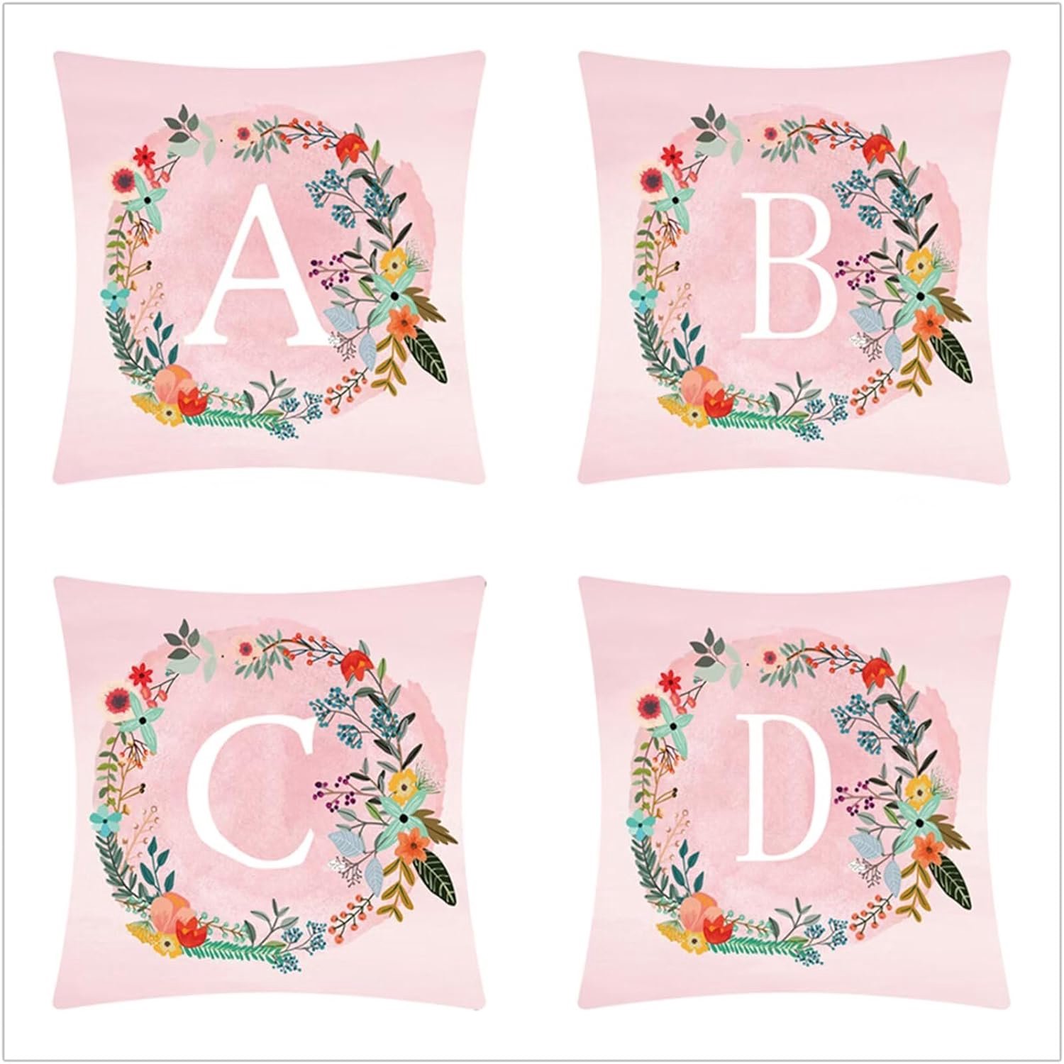 Buitenkussens 40 x 40 cm, roze krans letters tuinkussens 40 x 40 cm, linnen zachte kussenhoes met onzichtbare ritssluiting voor sofa stoel woonkamer, pak van 4