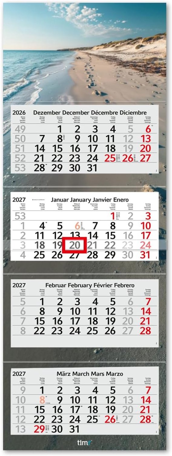 Wandkalender 4 maanden 2027 - neutraal design - feestelijk motief - praktisch en decoratief - ShopVlot