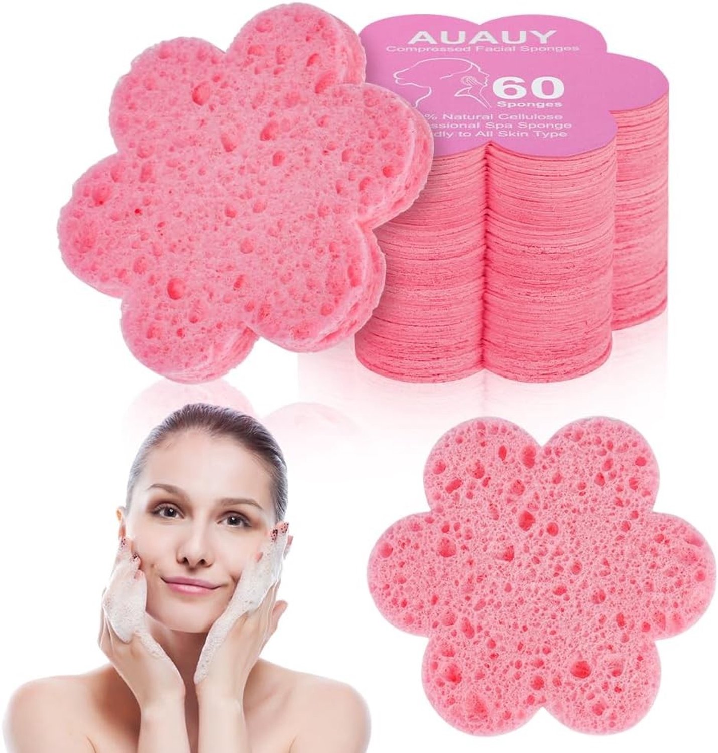 60 Stuks Gecomprimeerde Gezichtssponzen in Bloemvorm voor Make-up Verwijderen, Roze Kleur