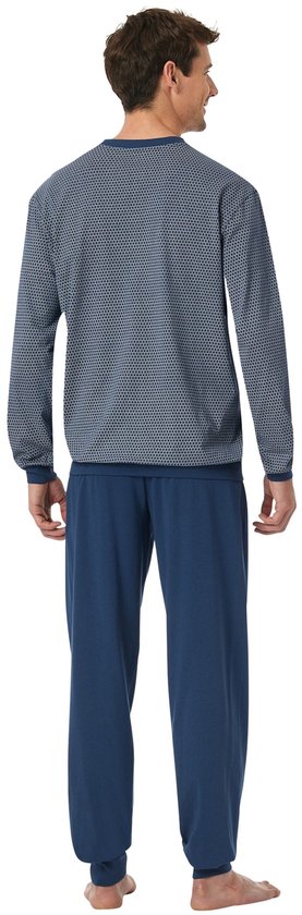 Heren pyjamaset in nachtblauw met een all-over geometrisch patroon op de top en effen broek.