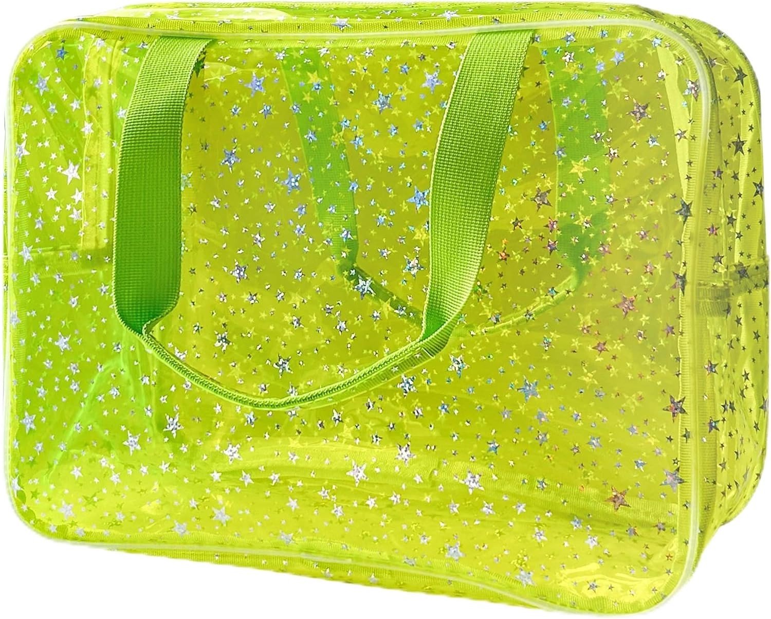 Waterdichte Make-up Tas met Sterrenpatroon in Fluorescerend Geel en Holografisch Design, 38 x 12 x 20 cm, Perfect voor Reizen en Organisatie