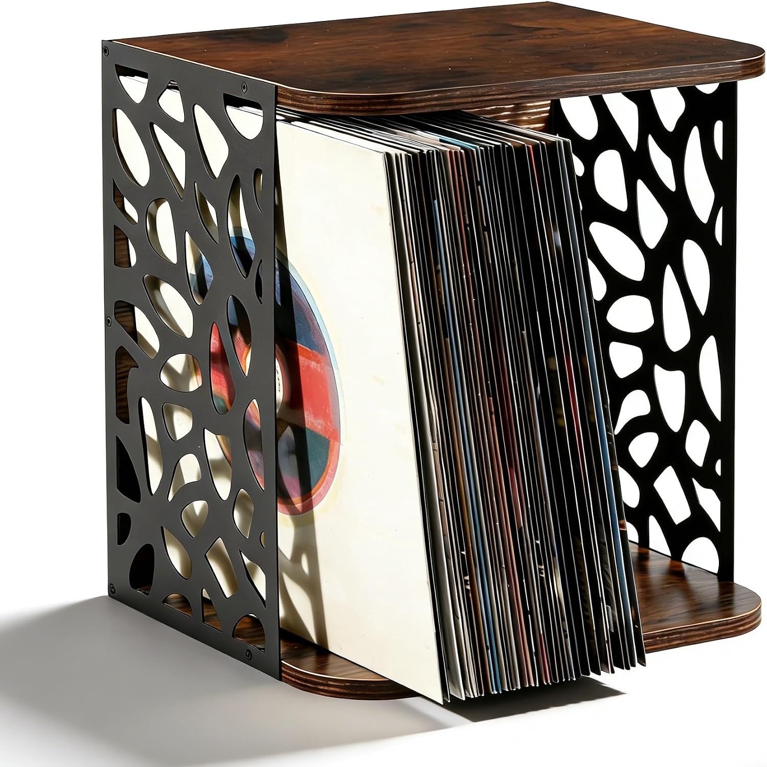 Platenbewaarder - Zwart - Voor maximaal 60 Albums - Stapelbaar Rek van Metaal en Hout - Voor Vinyl, Boeken en Tijdschriften