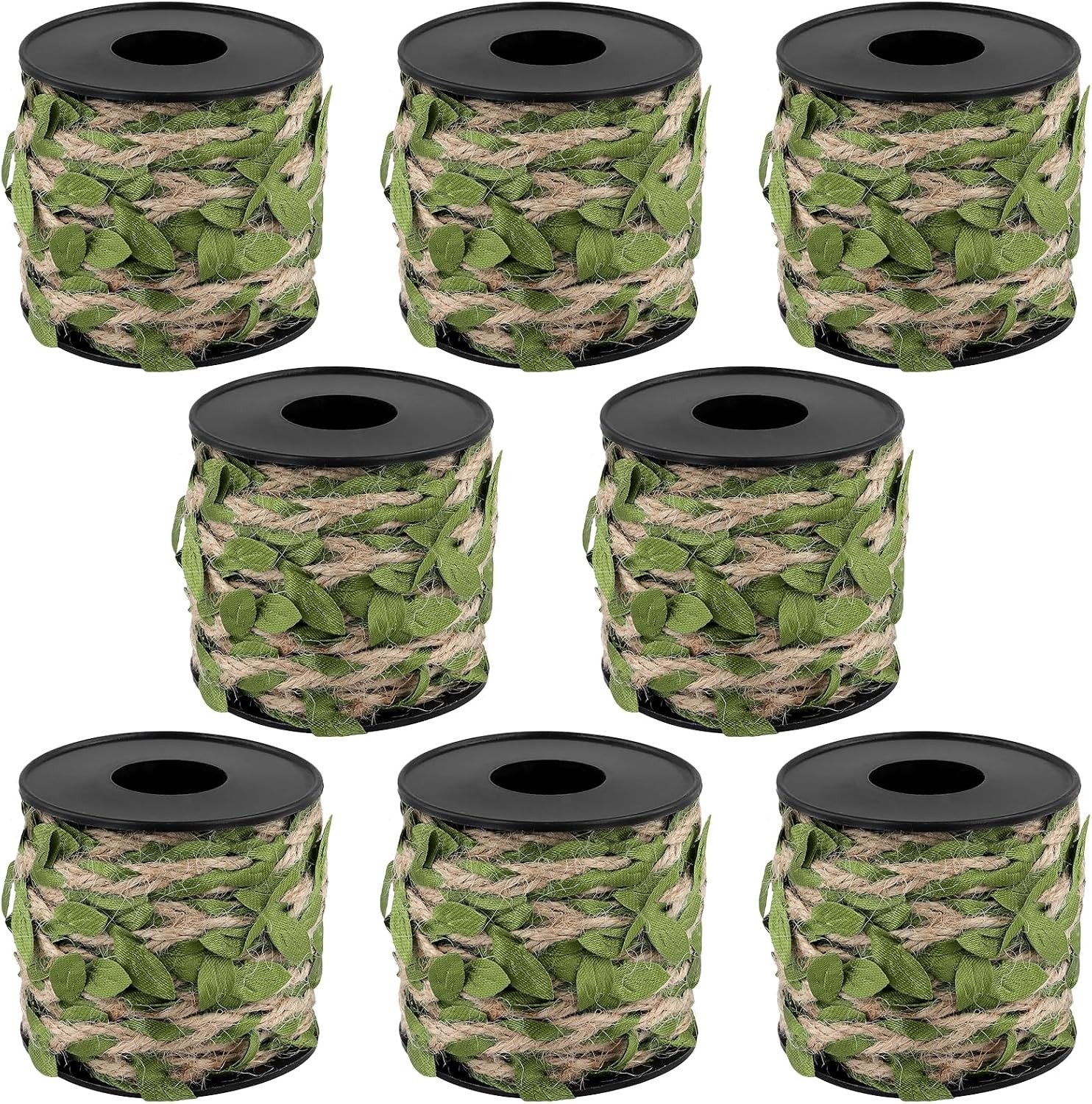 Jute Touw met Groene Bladeren - 8 Rollen van 5mm x 10m voor Thuisdecoratie en DIY Projecten, Natuurlijk en Duurzaam