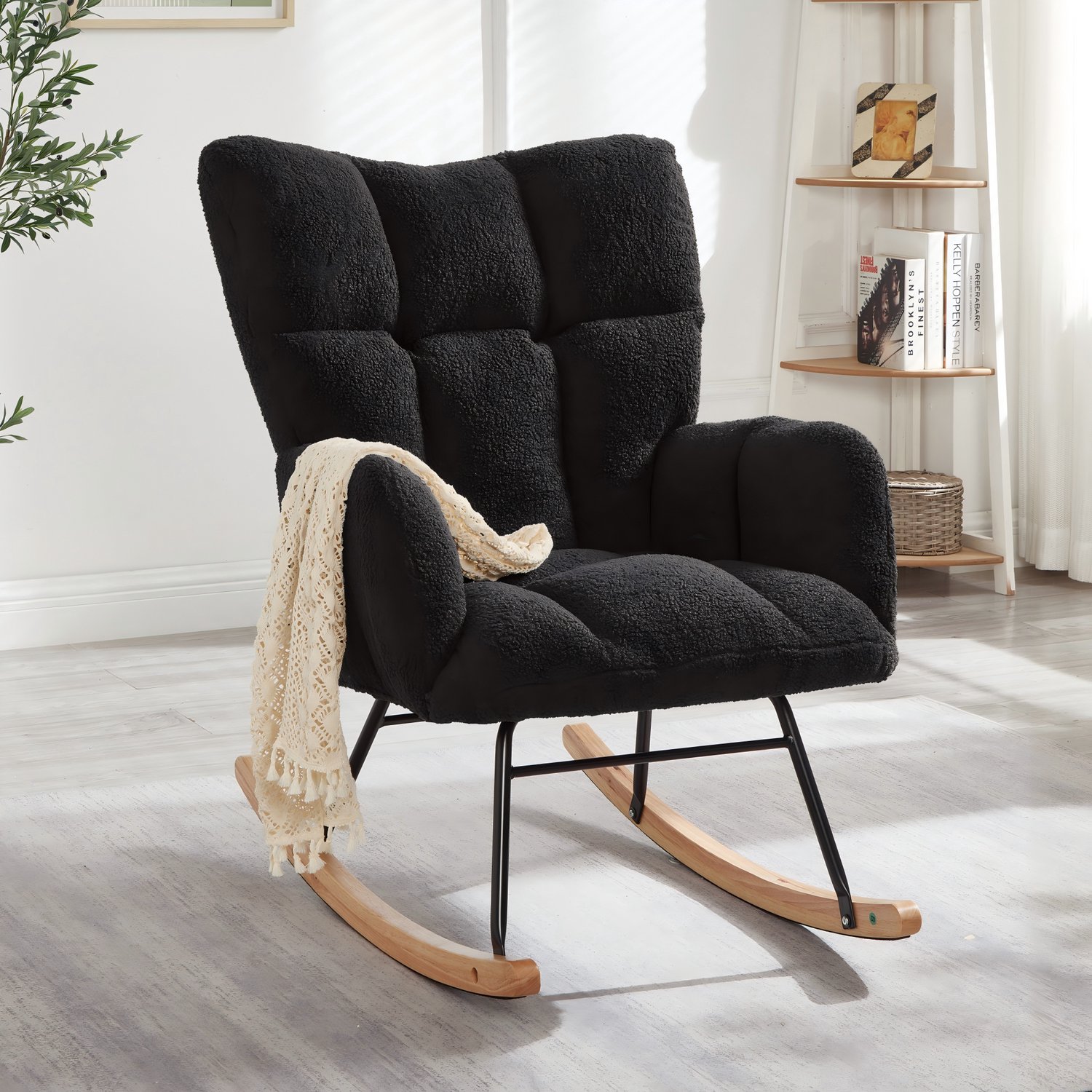 DESMIU Schommelstoel 69 x 89 x 101 cm - Zachte Stoffen Fauteuil Met Houten Onderstel En Metalen Frame - Woonkamer En Slaapkamer - Donkergrijs Zwart