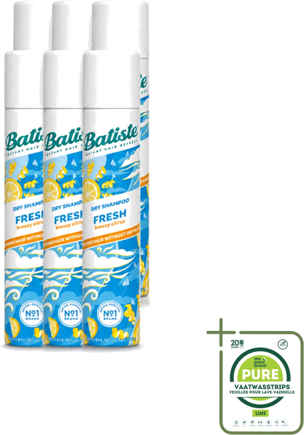 6 x Batiste - Fresh - Droogshampoo - Koele en Schone Geur - Verfrist en Geeft Grip - 200ml - Grootverpakking - Vaatwasstrips - Droogshampoo - Fris Haar - Schone Start - Koele Geur - Snel Opfrissen