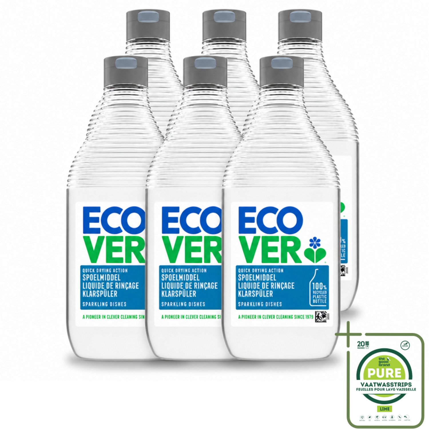 6 x Ecover - Spoelmiddel - 450 ml - Grootverpakking - Vaatwasstrips - Spoelmiddel - Vaatwas - Glanzende Vaat - Streepvrij - Kalkaanslag