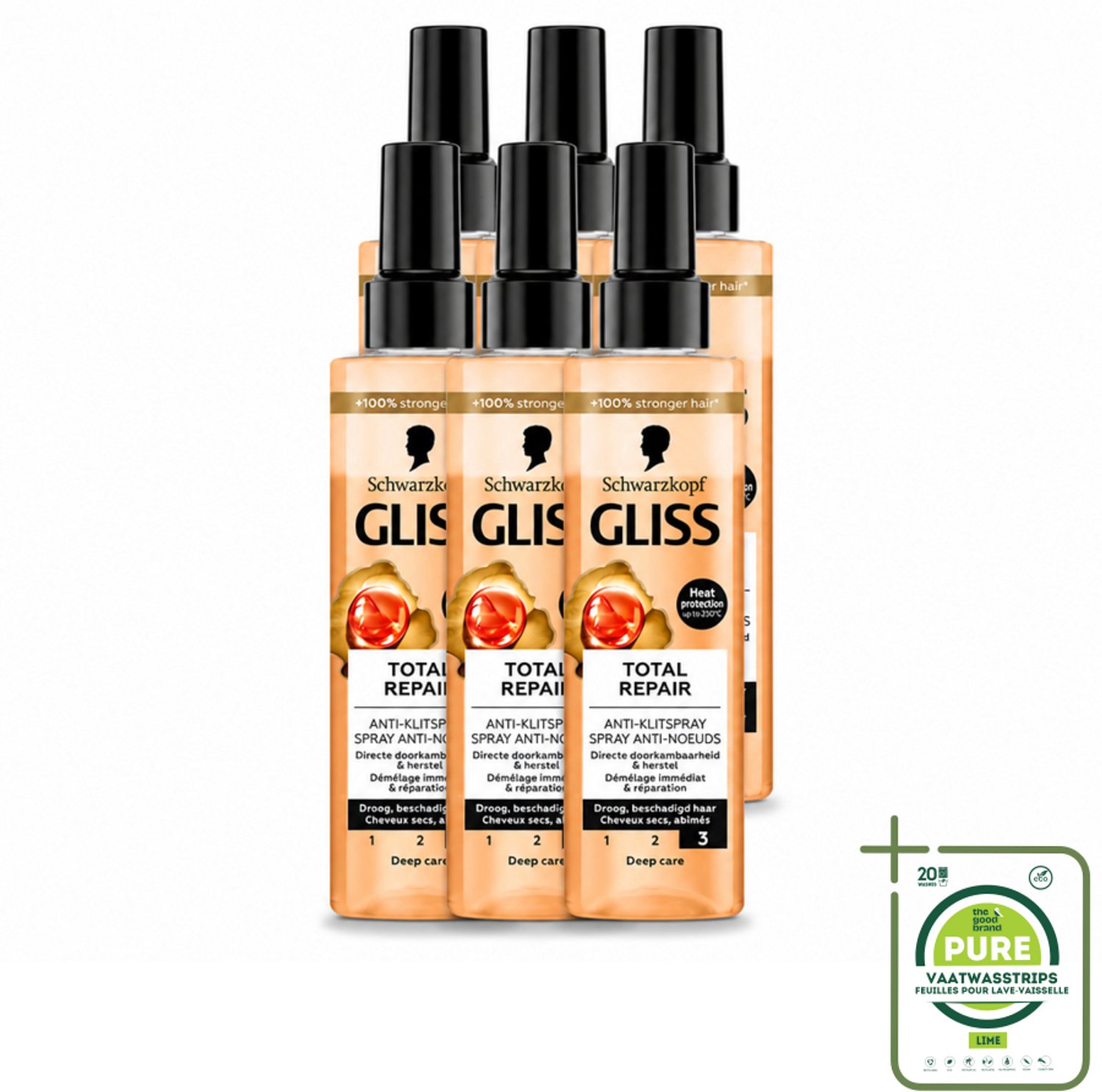 6 x Gliss - Total Repair Anti-Klit Spray - Voor Beschadigd en Droog Haar - 200 ml - Grootverpakking - Haarkleur - Haarherstel - Haarbescherming - Klitten - Hittebescherming