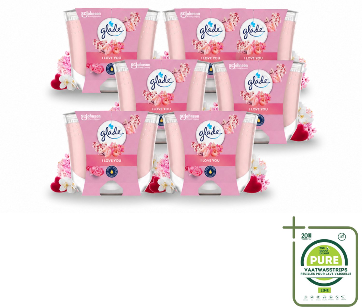 6 x Glade - Geurkaars I Love You - 100% Raapzaadwas - 204 g - Grootverpakking - Vaatwasstrips - Geurkaars - Romantische Geur - Bloemen Geur - Perzik Geur - Meloen Geur