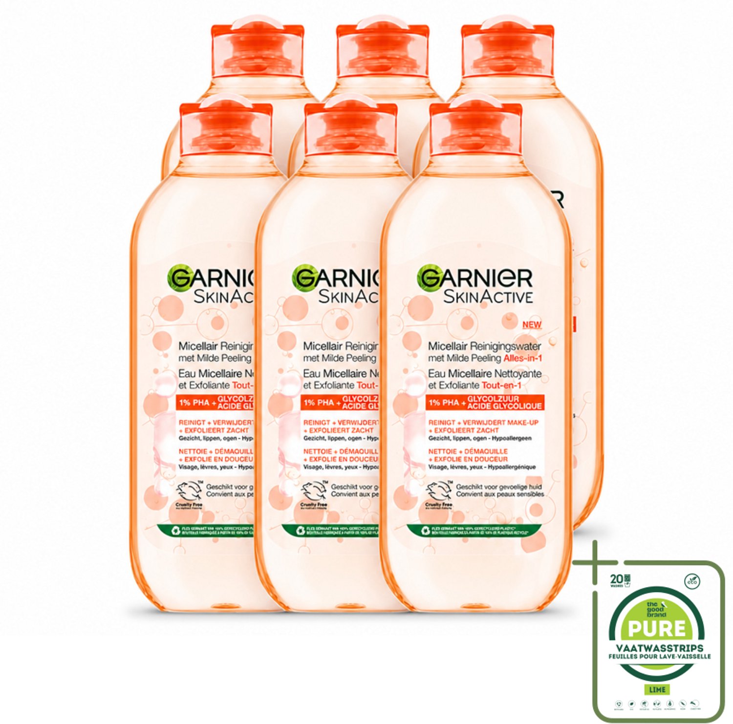 6 x Garnier - SkinActive - Micellair Reinigingswater - Milde Peeling - Alles-in-1 - 400 ml - Grootverpakking - Vaatwasstrips - Micellair Reinigingswater - Huid Reinigen - Exfoliatie - Make-up Verwijderen - Milde Peeling