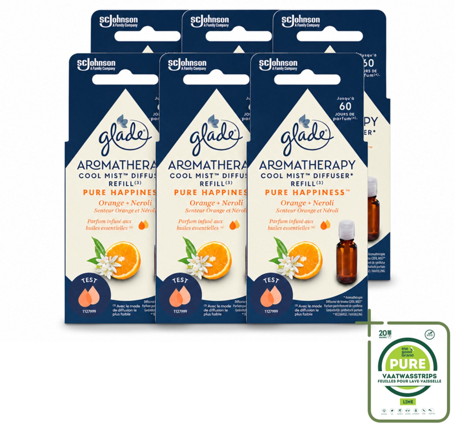 6 x Glade - Mistnavulling Pure Happiness - Aromatherapie - 17,4 ml - Grootverpakking - Vaatwasstrips - Aromatherapie - Geurverspreiding - Geurboost - Positieve Geur - Sinaasappelolie