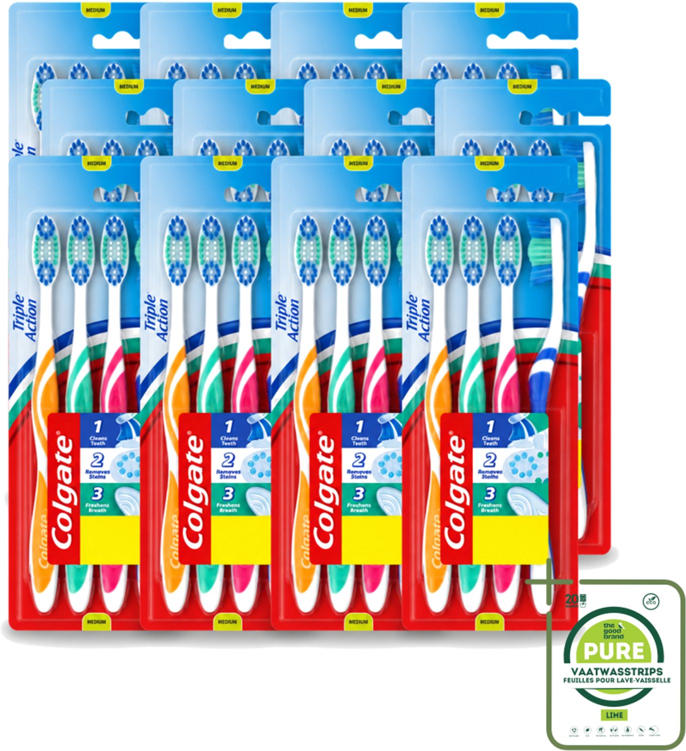 12 x Colgate - Tandenborstels - Triple Action - Medium - 4 borstels - Grootverpakking - Vaatwasstrips - Tandenborstel - Mondhygiëne - Ademverfrissend - Tanden Reinigen - Vlekken Verwijderen