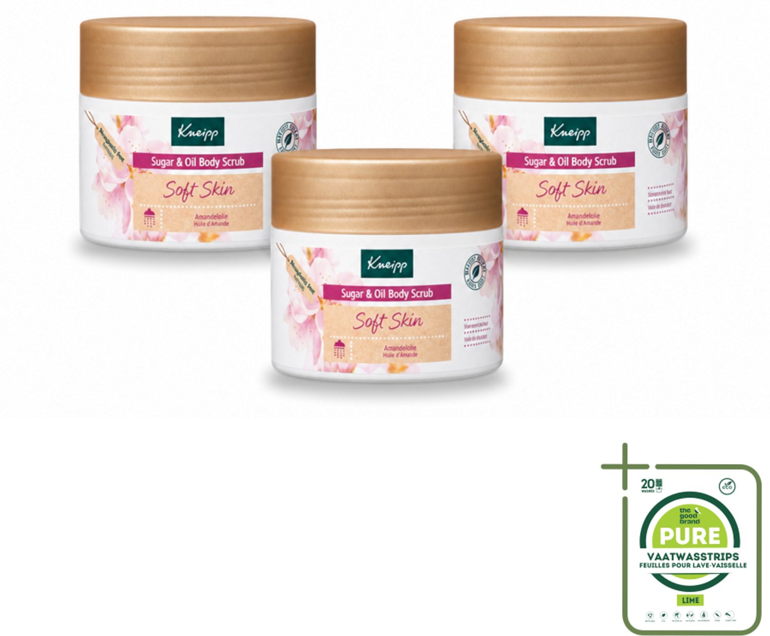 3 x Kneipp - Body scrub - Sugar & Oil - Soft Skin - Voor droge en gevoelige huid - 220 g - Grootverpakking - Vaatwasstrips - Huidverzorging - Suiker Scrubb - Amandelolie - Droge Huid - Gevoelige Huid