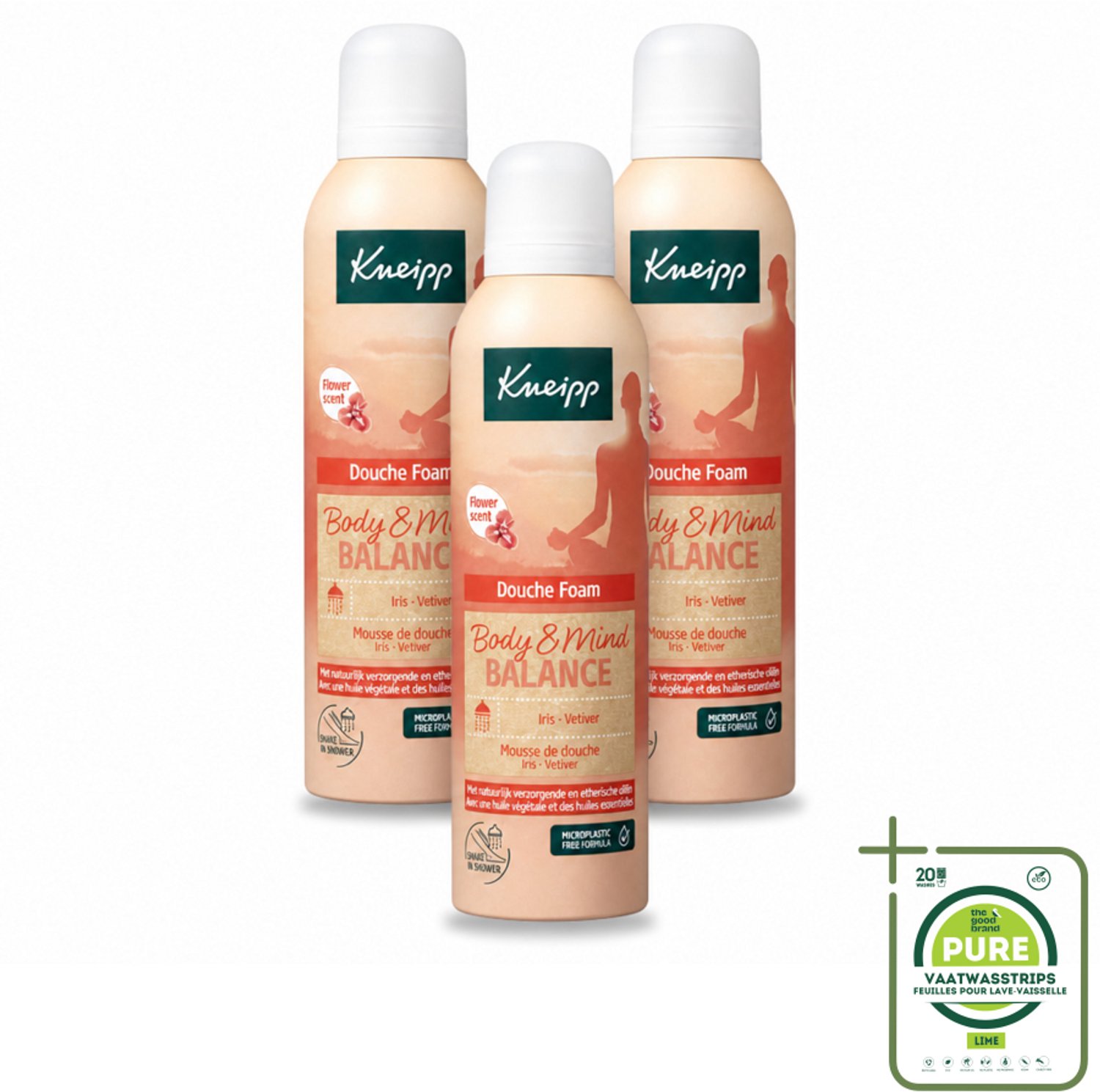 3 x Kneipp - Douche schuim - Body & Mind Balance - Iris & Vetiver - 200 ml - Grootverpakking - Vaatwasstrips - Douche Foam - Rust - Ontspanning - Balans - Huidverzorging