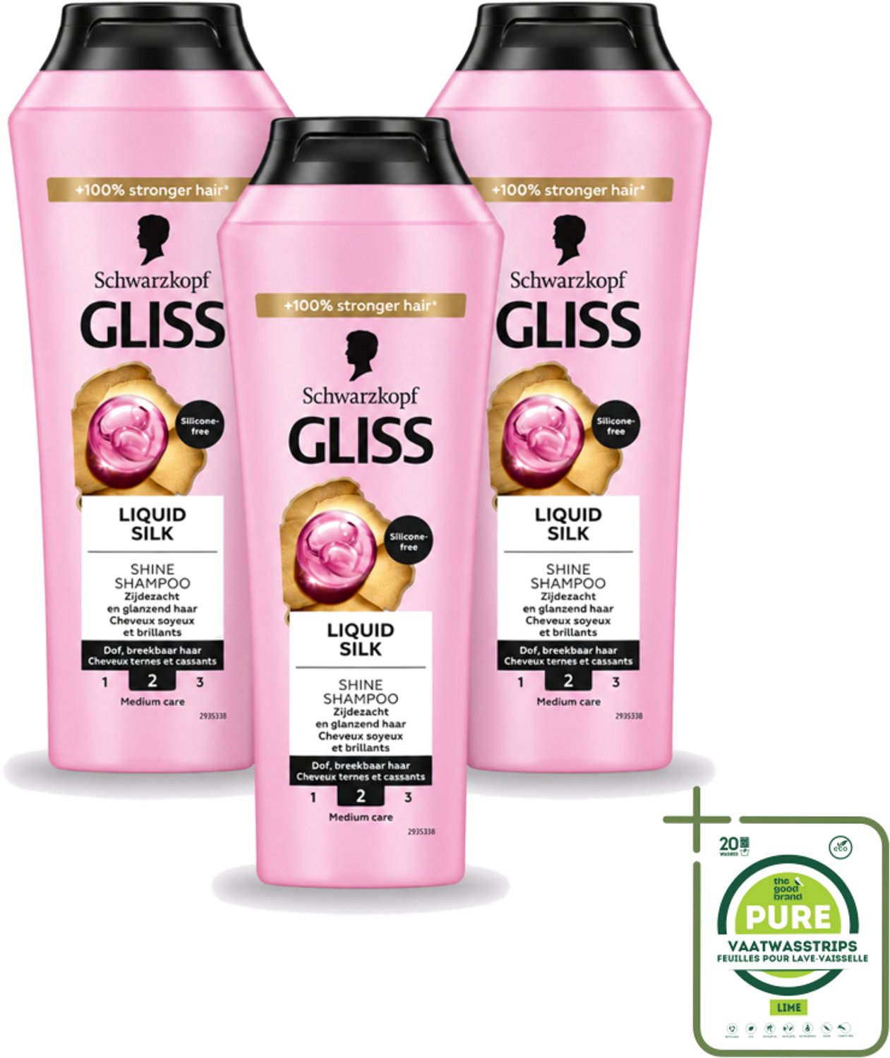 3 x Gliss - Shampoo - Liquid Silk - Voor Glanzend en Zijdezacht Haar - 250 ml - Grootverpakking - Vaatwasstrips - Glans Haar - Zijdezacht Haar - Glanzend Haar - Siliconenvrije Shampoo - Natuurlijke Shampoo
