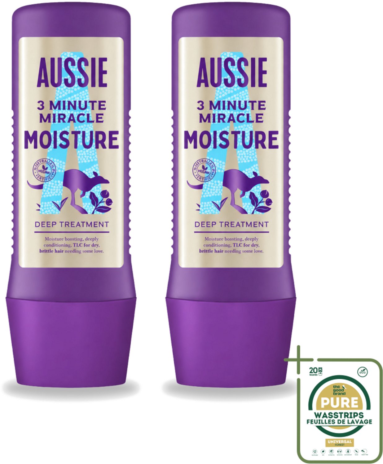 2 x Aussie - Haarmasker - 3 Minute Miracle Moisture - Intensief - Vegan Verzorging - 225 ml - Wasstrips - Haarmasker - Hydratatie - Droog Haar - Vegan Haarmasker - Australische Macadamiaolie