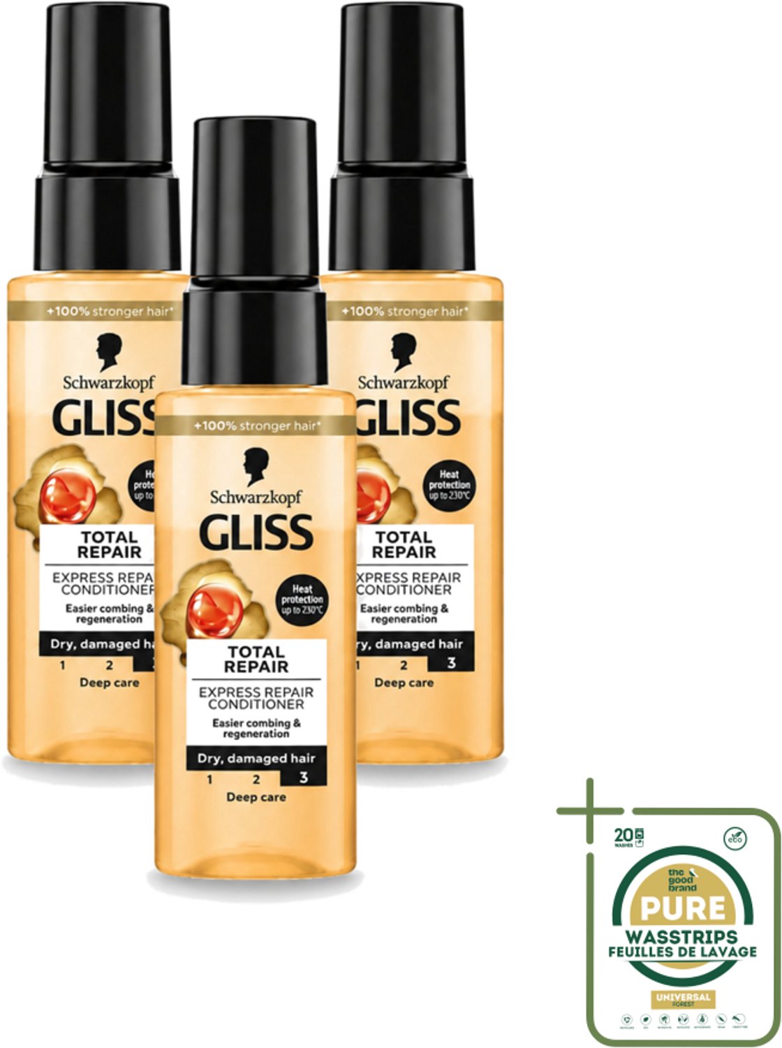 3 x Gliss - Total Repair - Express Repair Conditioner - Deep Care - 70 ml - Wasstrips - Haarherstel - Droog Haar - Beschadigd Haar - Herstel Crème - Leave-in Crème