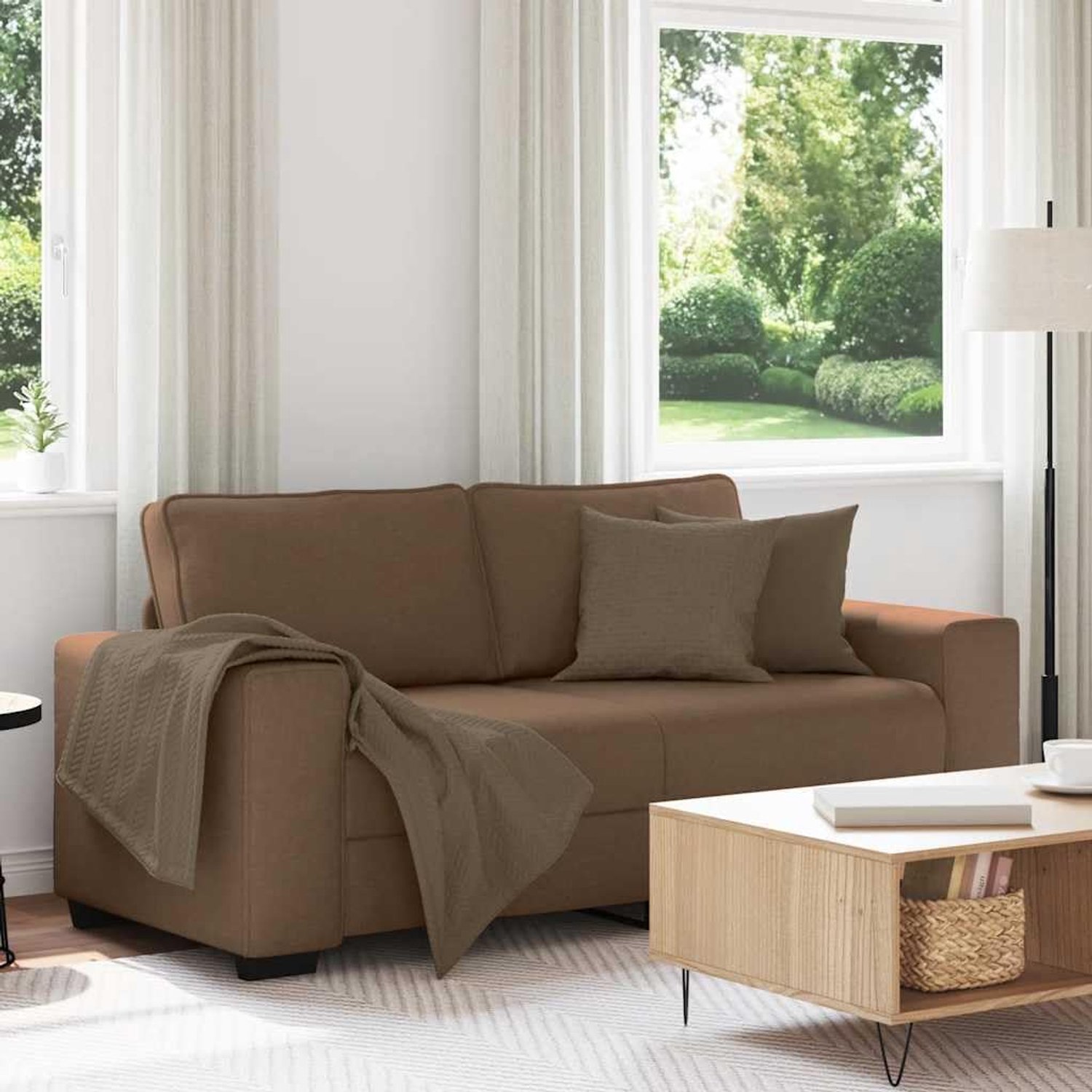 2-zitsbank, bruin, 140 cm stof, comfortabel gestoffeerd meubel met brede armleuningen, robuust houten en metalen frame voor stabiliteit, ademend polyesterweefsel, veelzijdig