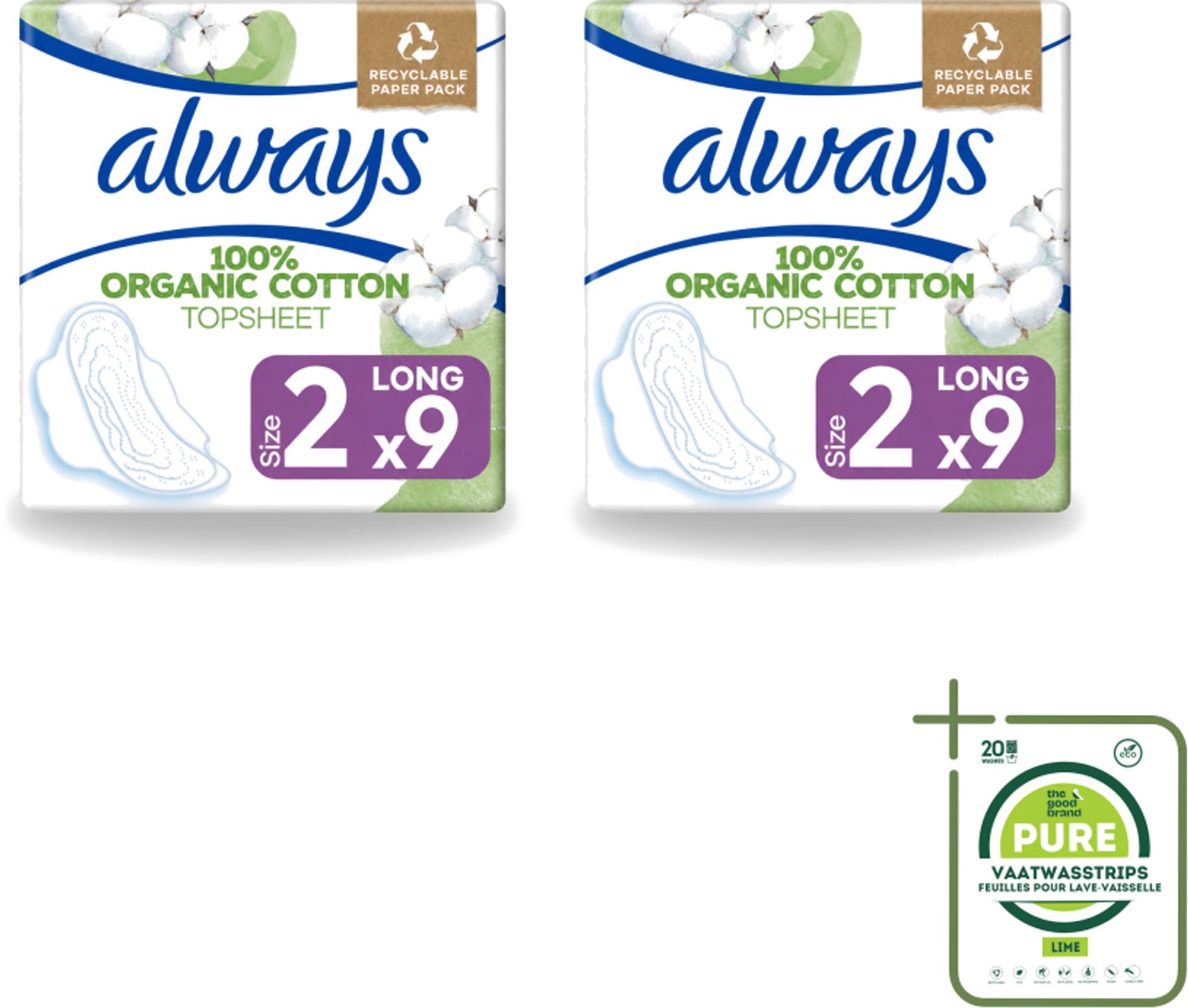 2 x Always - Maandverband - Long - Cotton Protection - Met Vleugels - 9 Maandverband - Grootverpakking - Vaatwasstrips - Maandverband - Katoen - Bescherming - Menstruatie - Vleugels