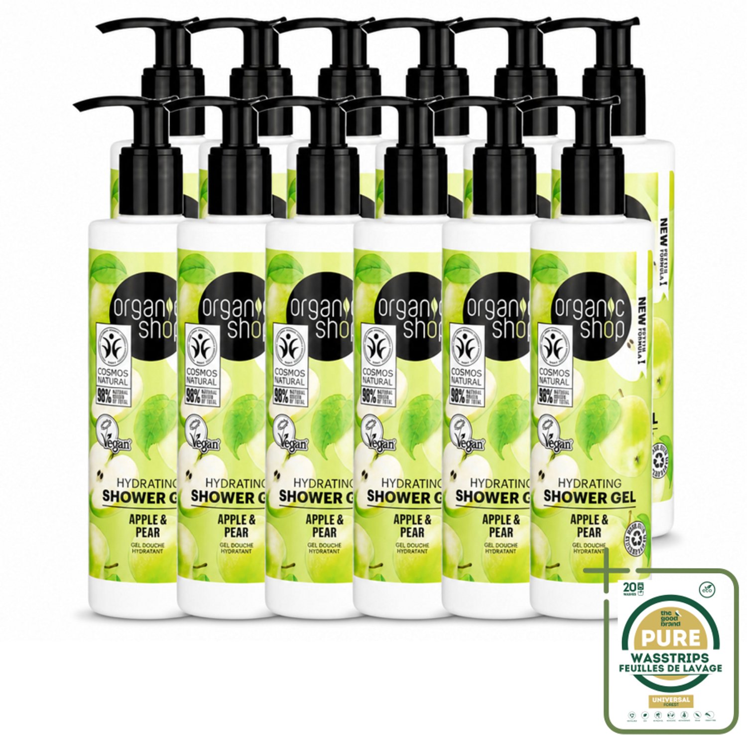 12 x Organic Shop - Douchegel Apple & Pear - Verfrissend en Hydraterend - 280 ml - Wasstrips - Douchegel - Natuurlijke Douchegel - Biologische Douchegel - Hydraterende Douchegel - Frisse Douchegel