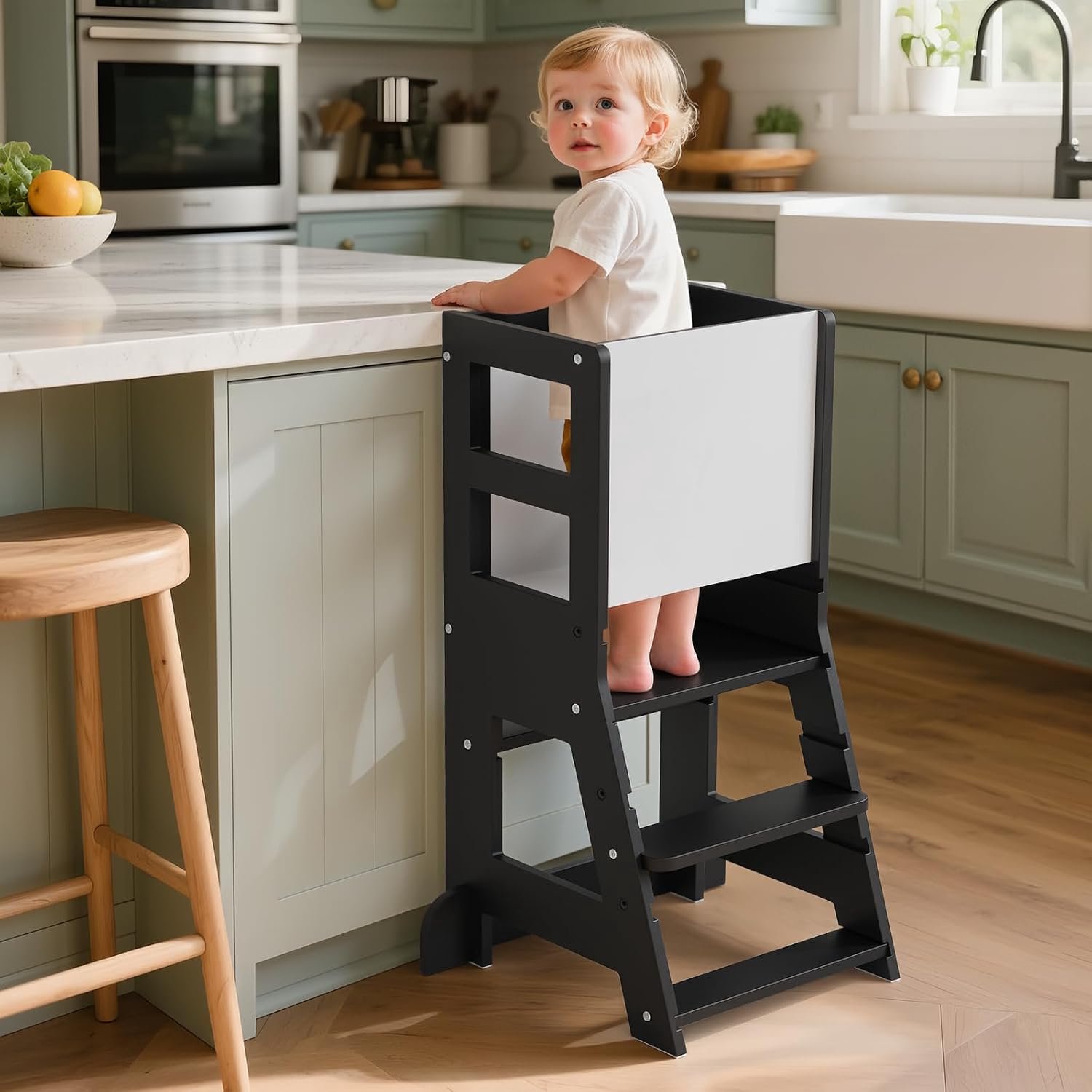 KIDINIX Leertoren voor kinderen vanaf 1 jaar, met schoolbord, in hoogte verstelbaar, Montessori leerstoel voor keuken en badkamer, kantelbescherming, zwart