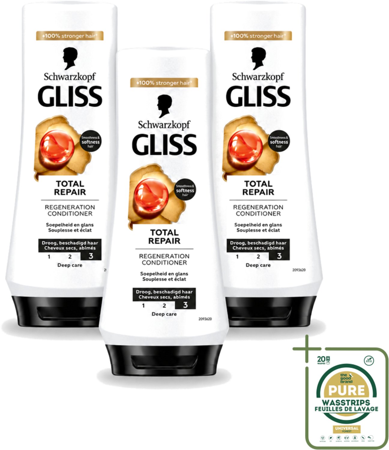 3 x Gliss - Hair Repair - Conditioner voor Totaal Herstel - 200 ml - Wasstrips - Haarherstel - Droog Haar - Beschadigd Haar - Haarverzorging - Keratine