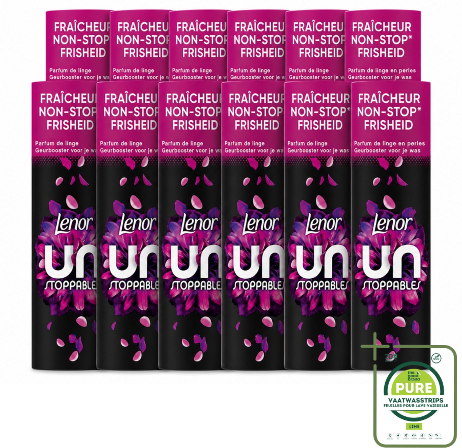 12 x Lenor Unstoppables - Geurbooster - Bloemen Fris - Non-Stop Frisheid - 19 Wasbeurten - Grootverpakking - Vaatwasstrips - Geurbooster - Bloemige Geur - Wasgeur - Frisheid - Wasmiddel