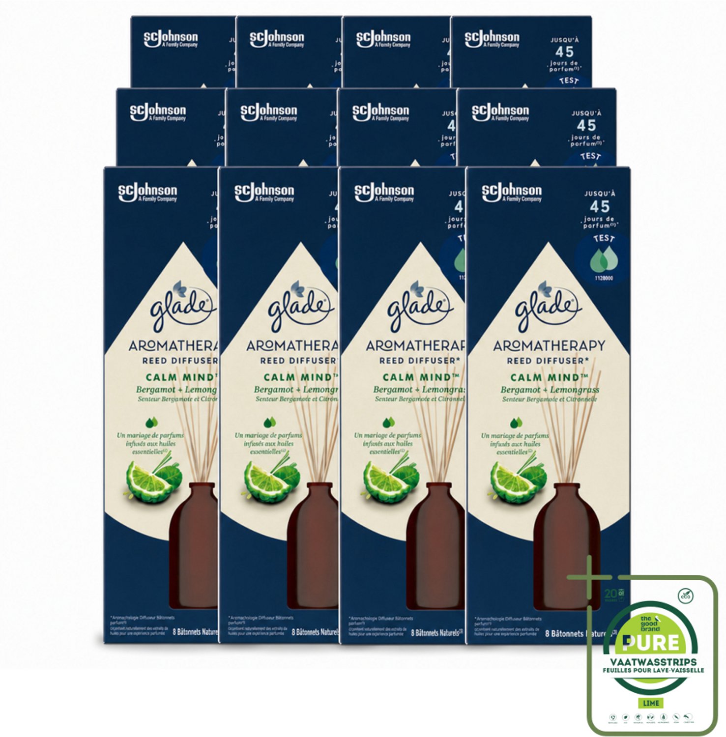 12 x Glade - Geurstokjes Calm Mind - Aromatherapie Geurverspreiding - 80 ml - Grootverpakking - Vaatwasstrips - Geurstokjes - Ontspanning - Geur - Aromatherapie - Rust