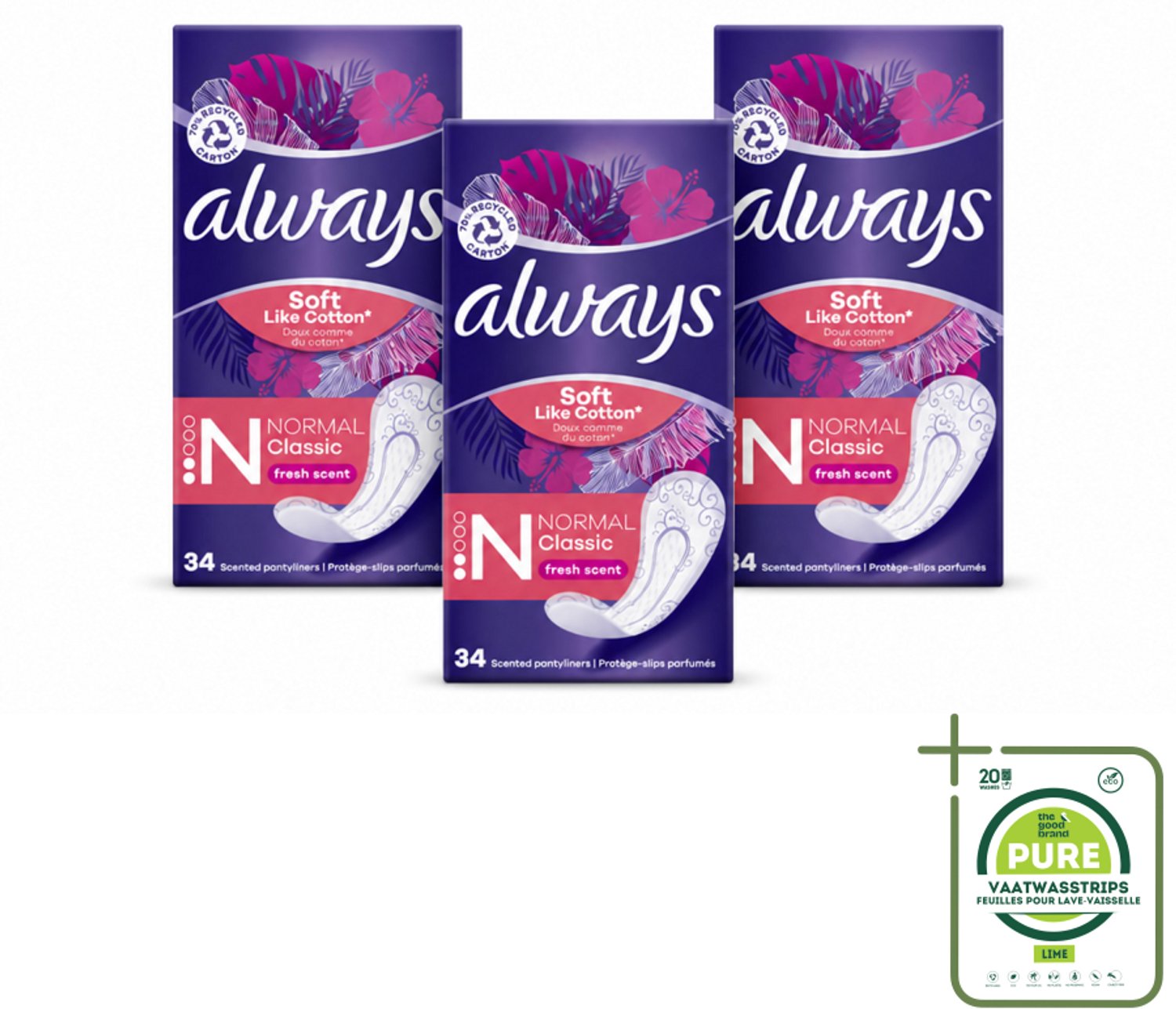 3 x Always - Inlegkruisjes - Normal - 34 Inlegkruisjes - Grootverpakking - Inlegkruisje - Inlegkruisjes - Dagelijkse Frisheid - Comfort - Flexibel