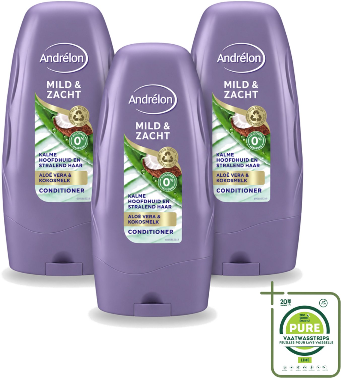 3 x Andrélon - Mild & Zacht - Conditioner - 250 ml - Grootverpakking - Vaatwasstrips - Conditioner Voor Gevoelige Hoofdhuid - Zachte Conditioner - Haar Verzorging - Aloë Vera Conditioner - Kokosmelk Conditioner