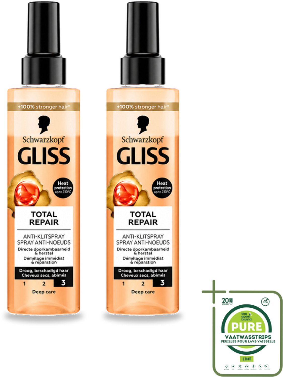 2 x Gliss - Total Repair Anti-Klit Spray - Voor Beschadigd en Droog Haar - 200 ml - Grootverpakking - Vaatwasstrips - Haarkleur - Haarherstel - Haarbescherming - Klitten - Hittebescherming