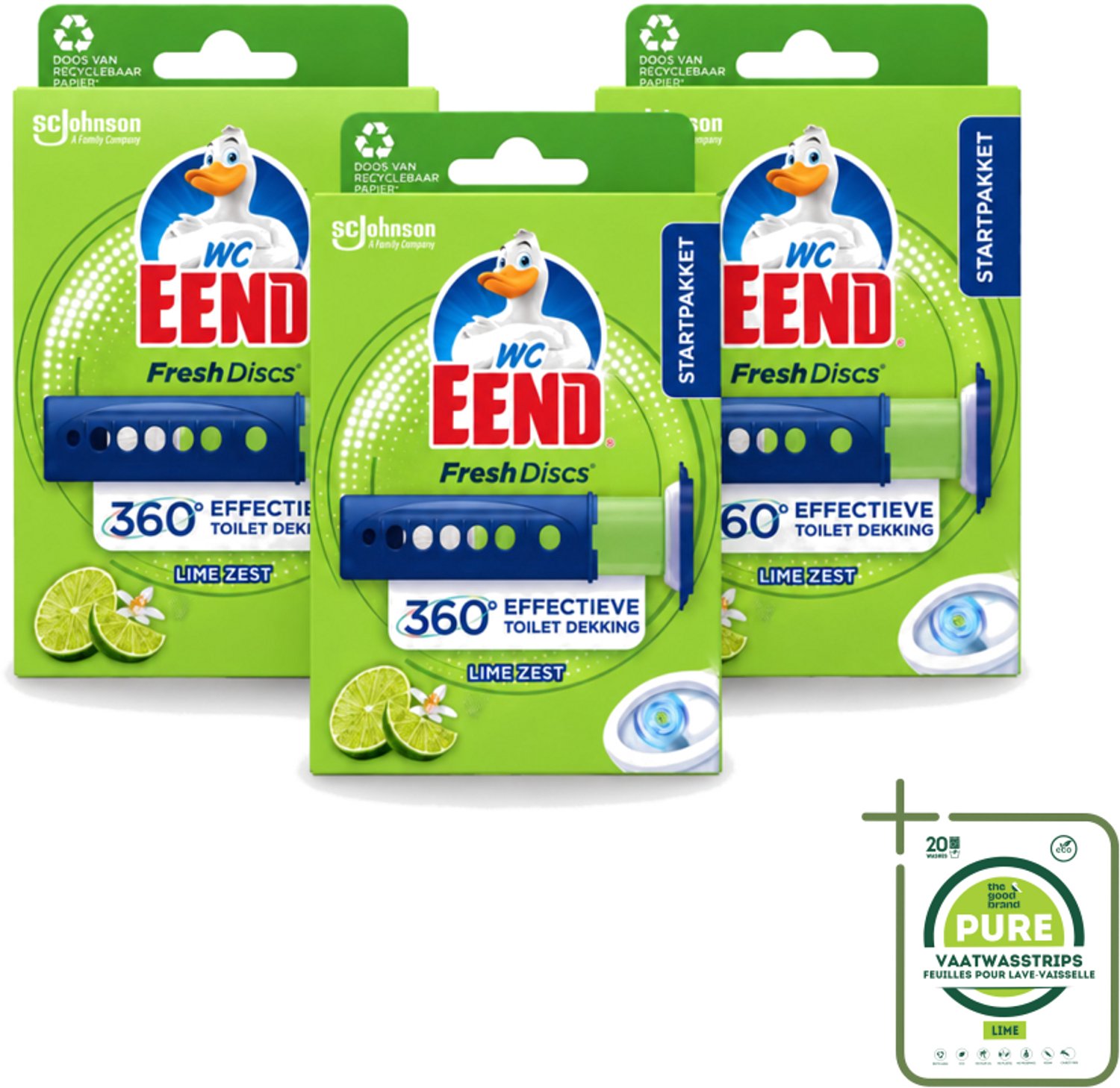 3 x WC Eend - Fresh Discs Lime Zest - Toiletgel - Hygiënisch & Fris tot 7,5 Weken - 36 ml - Grootverpakking - Vaatwasstrips - Toiletgel - Toilet Reinigen - Fris Toilet - Toiletgeur - Hygiëne Toilet