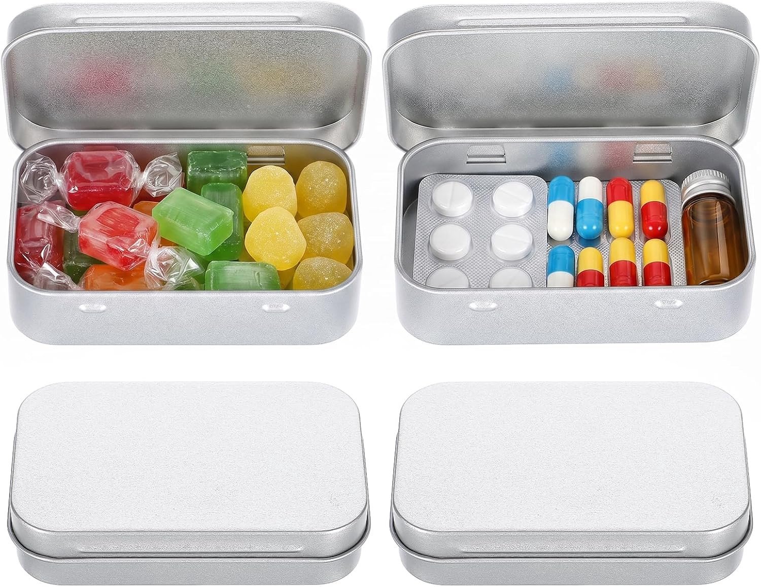 4 Stuks Rectangulaire Scharnierblikken, Zilveren Metalen Opbergdozen voor DIY, Thuisorganisatie, Munten en Cadeaukaarten, Duurzame Mini Containers met Deksel