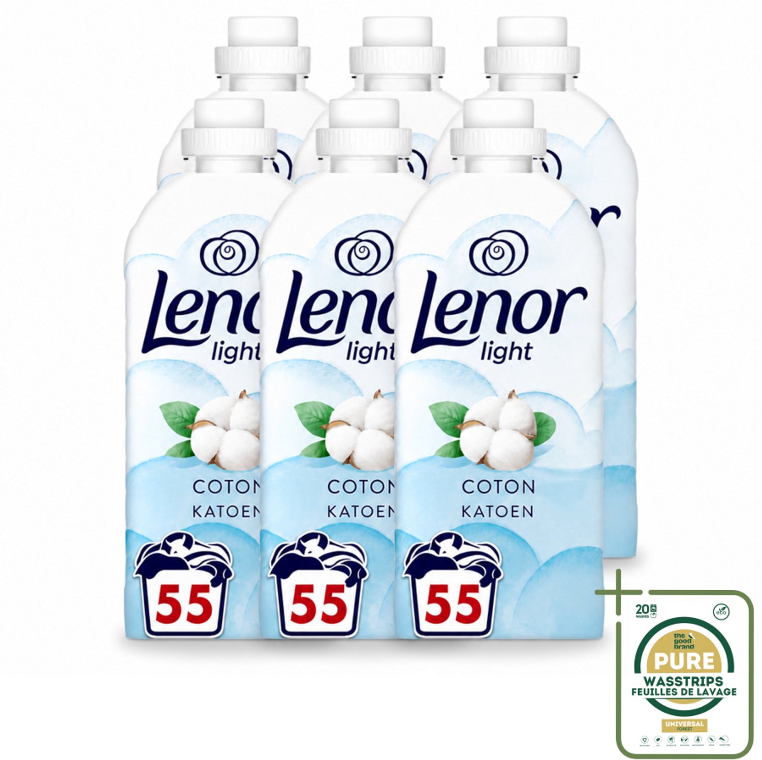 6 x Lenor Light - Wasverzachter - Katoen - Fris & Zacht - 55 Wasbeurten - Wasstrips - Wasverzachter Katoen - Wasverzachter Fris - Wasverzachter Milde - Wasverzachter Zacht - Wasverzachter Bloemig