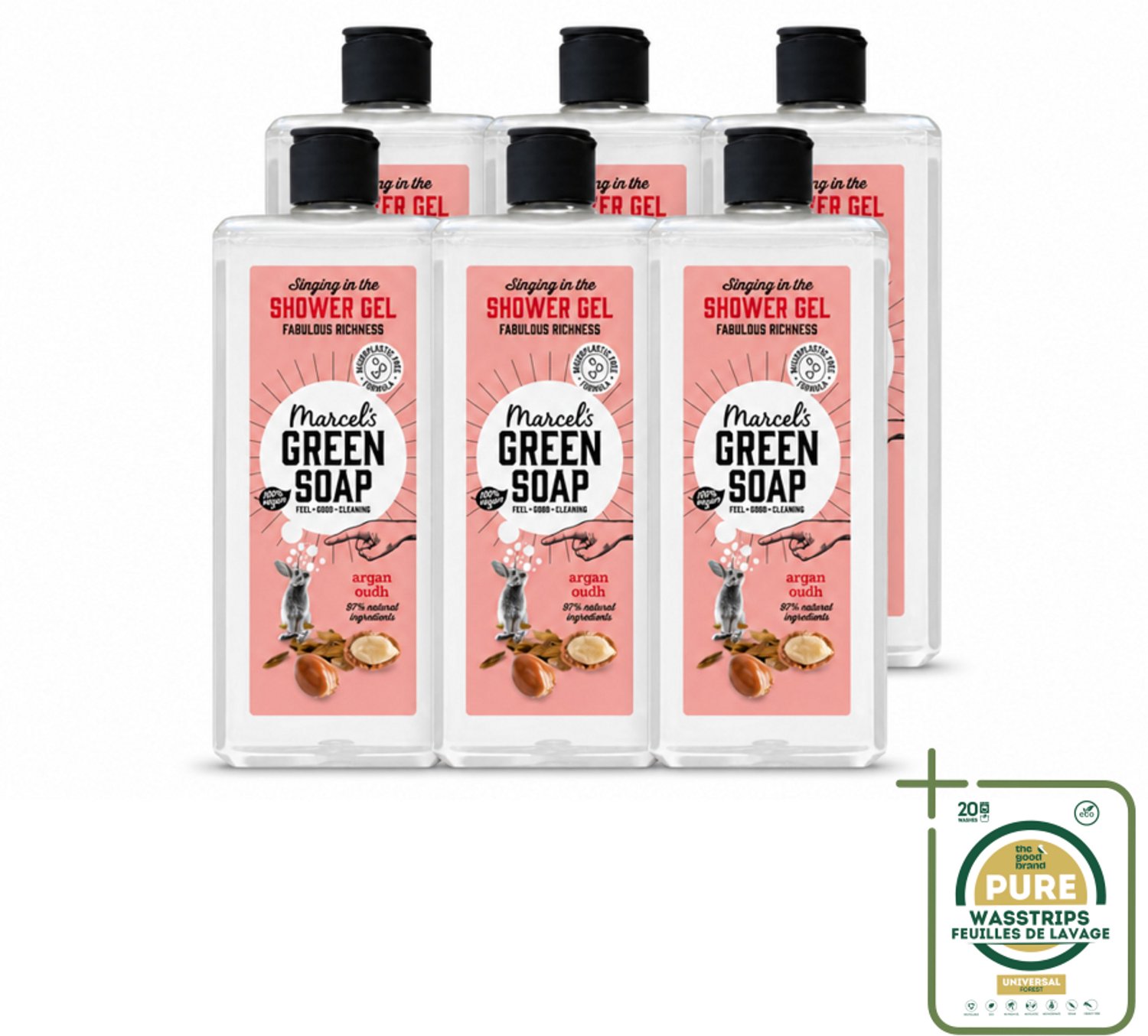 6 x Marcel's Green Soap - Douchegel - Argan & Oudh - Verzorgend & zacht - 300 ml - Wasstrips - Douchegel - Argan En Oudh - Natuurlijke Douchegel - Verzorgende Douchegel - Vegan Douchegel