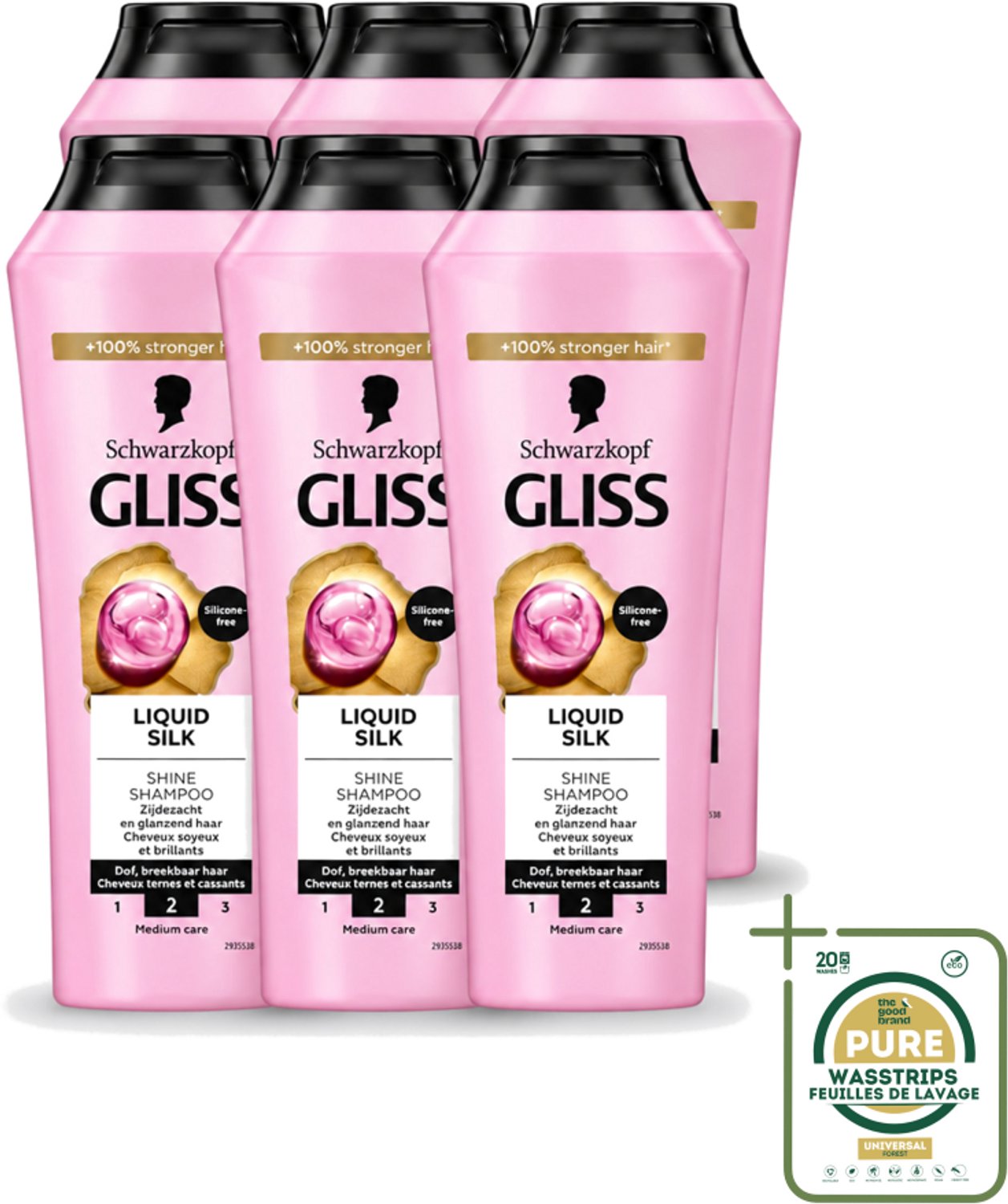 6 x Gliss - Shampoo - Liquid Silk - Voor Glanzend en Zijdezacht Haar - 250 ml - Wasstrips - Haarverzorging - Glansshampoo - Zijdezacht Haar - Lichtgewicht Shampoo - Siliconenvrije Shampoo