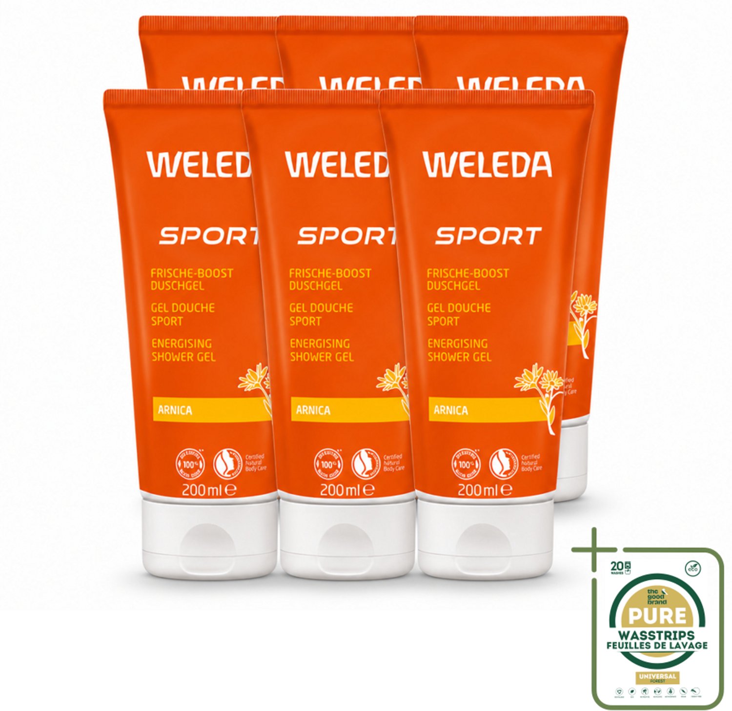 6 x WELEDA - Douchegel Sport - Arnica - 200 ml - Wasstrips - Douchegel Sport - Herstel Na Sporten - Arnica Douchegel - Natuurlijke Douchegel - Verfrissende Douchegel